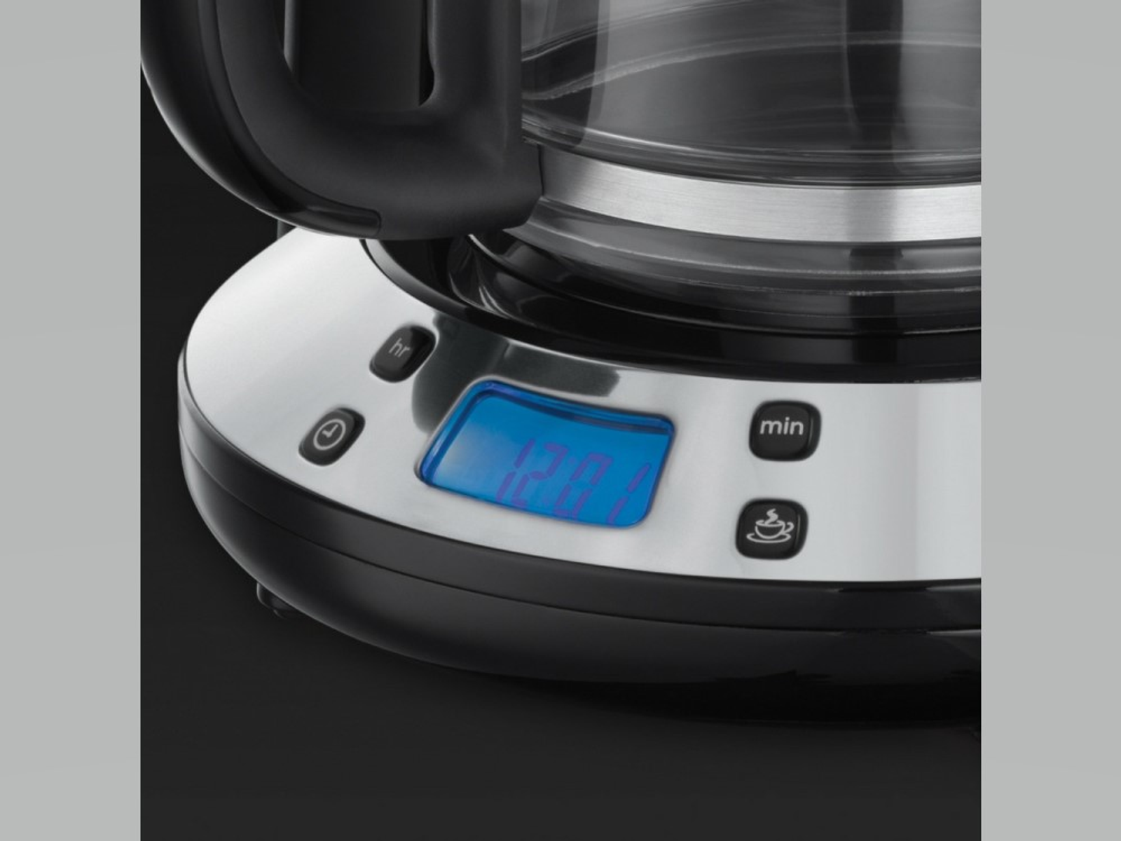 Ekspres do kawy z wyświetlaczem 12:11, przyciskami czasu i ustawień.