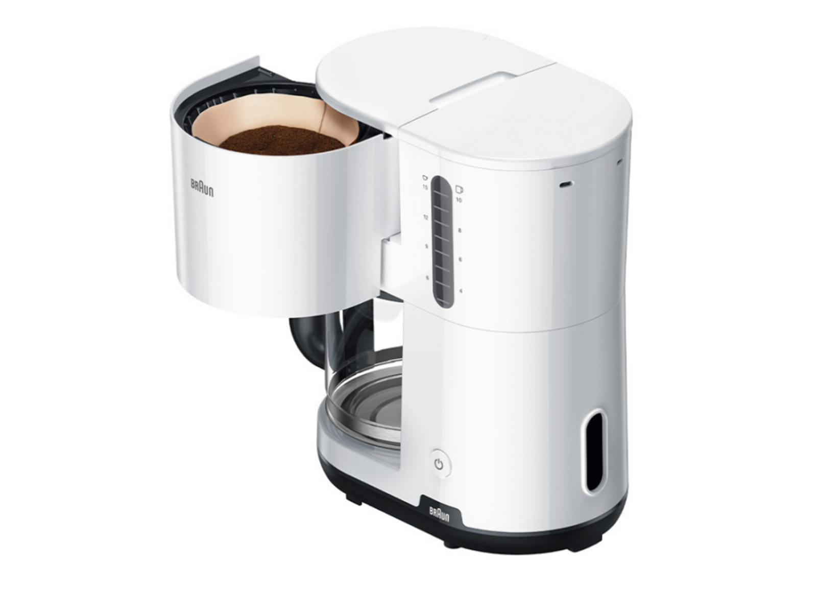 Biały ekspres do kawy Braun, z otwartą pokrywą, zmieloną kawą w filtrze, zbiornikiem wody.