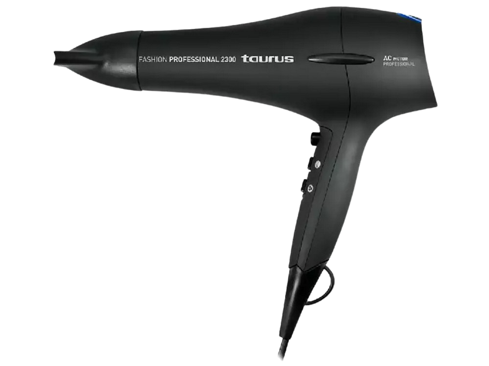 Czarna suszarka do włosów z czarnym kablem, widoczny tekst "Fashion Professional 2300".