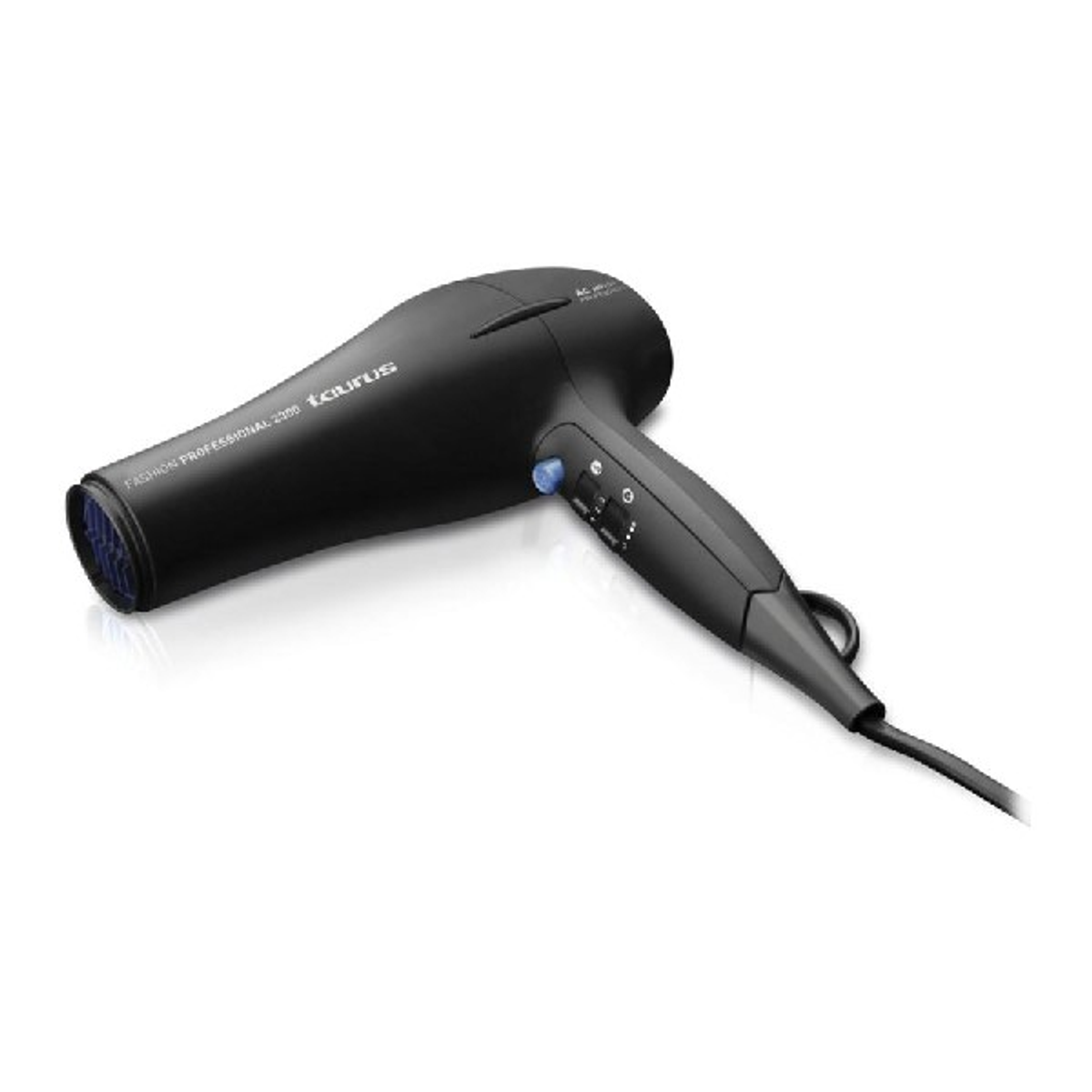 Czarna suszarka do włosów Taurus. Pokazuje markę i model.