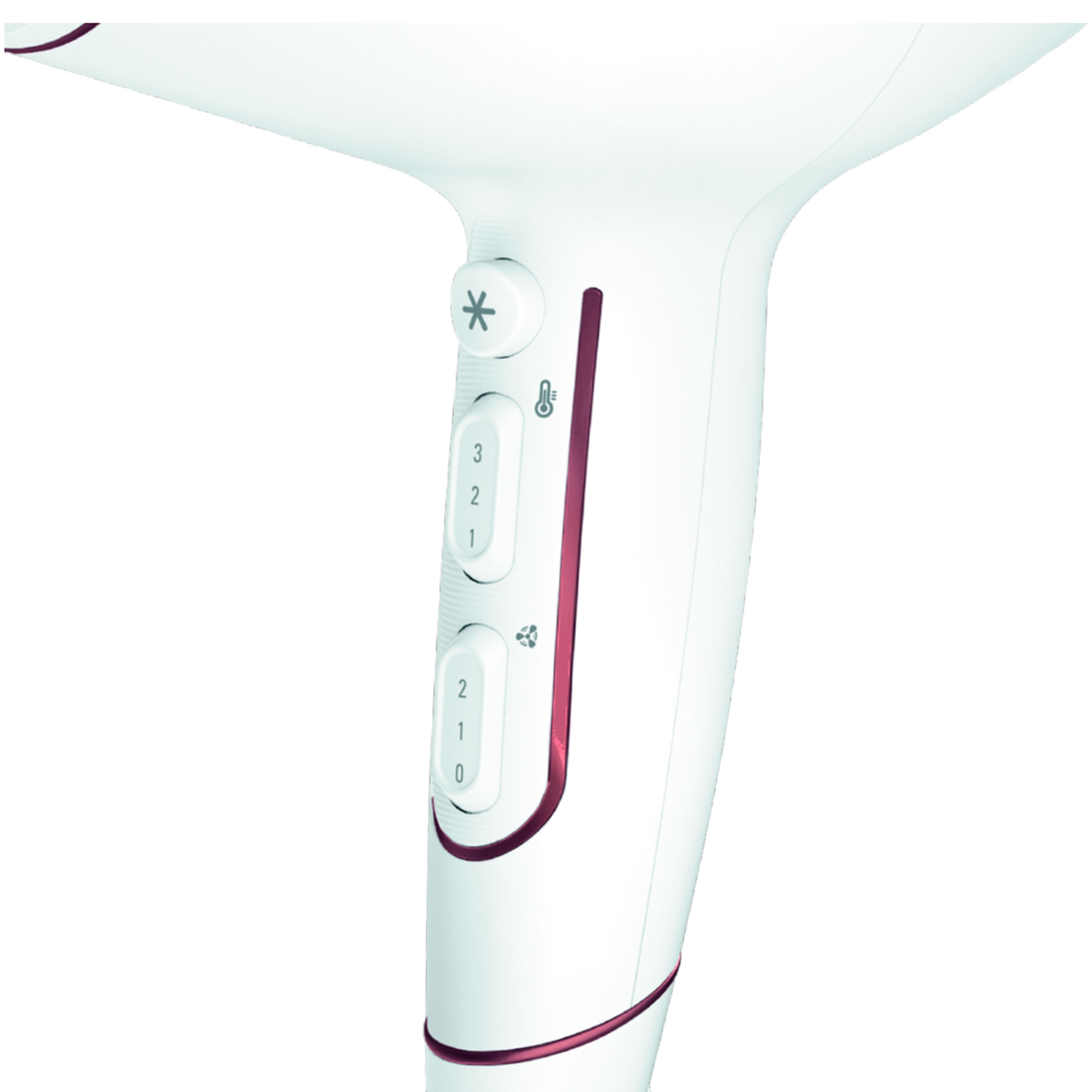 Biała suszarka do włosów z przyciskami i regulacją temperatury, zbliżenie.