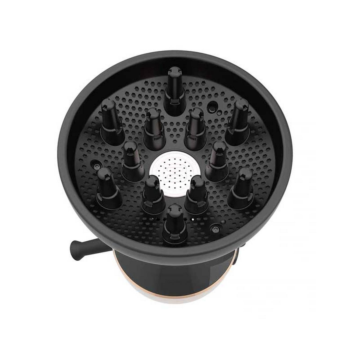 Czarny i złoty dyfuzor do suszarki, widok z góry, na białym tle.