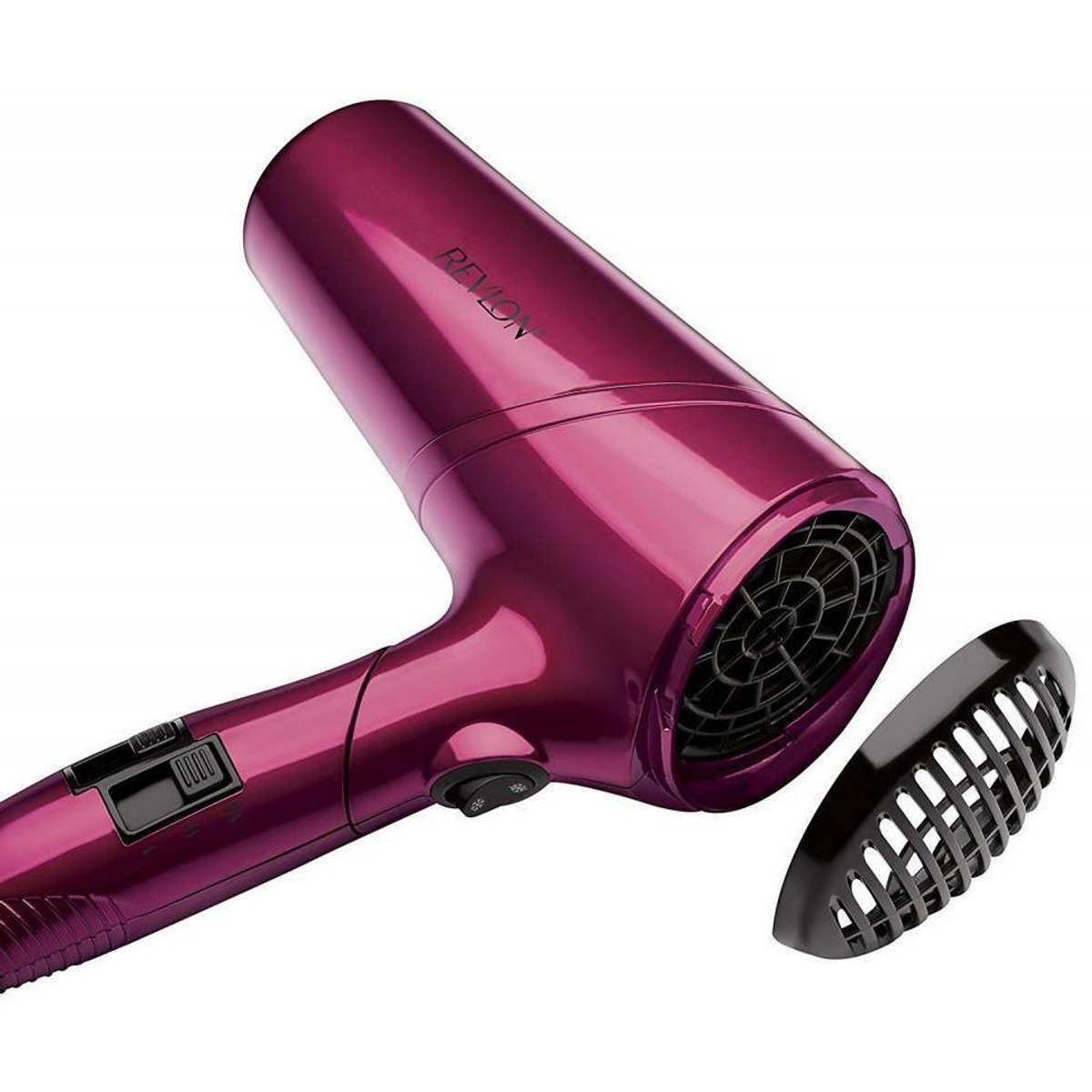 Asciugacapelli Revlon rosa con bocchetta nera, sfondo bianco.