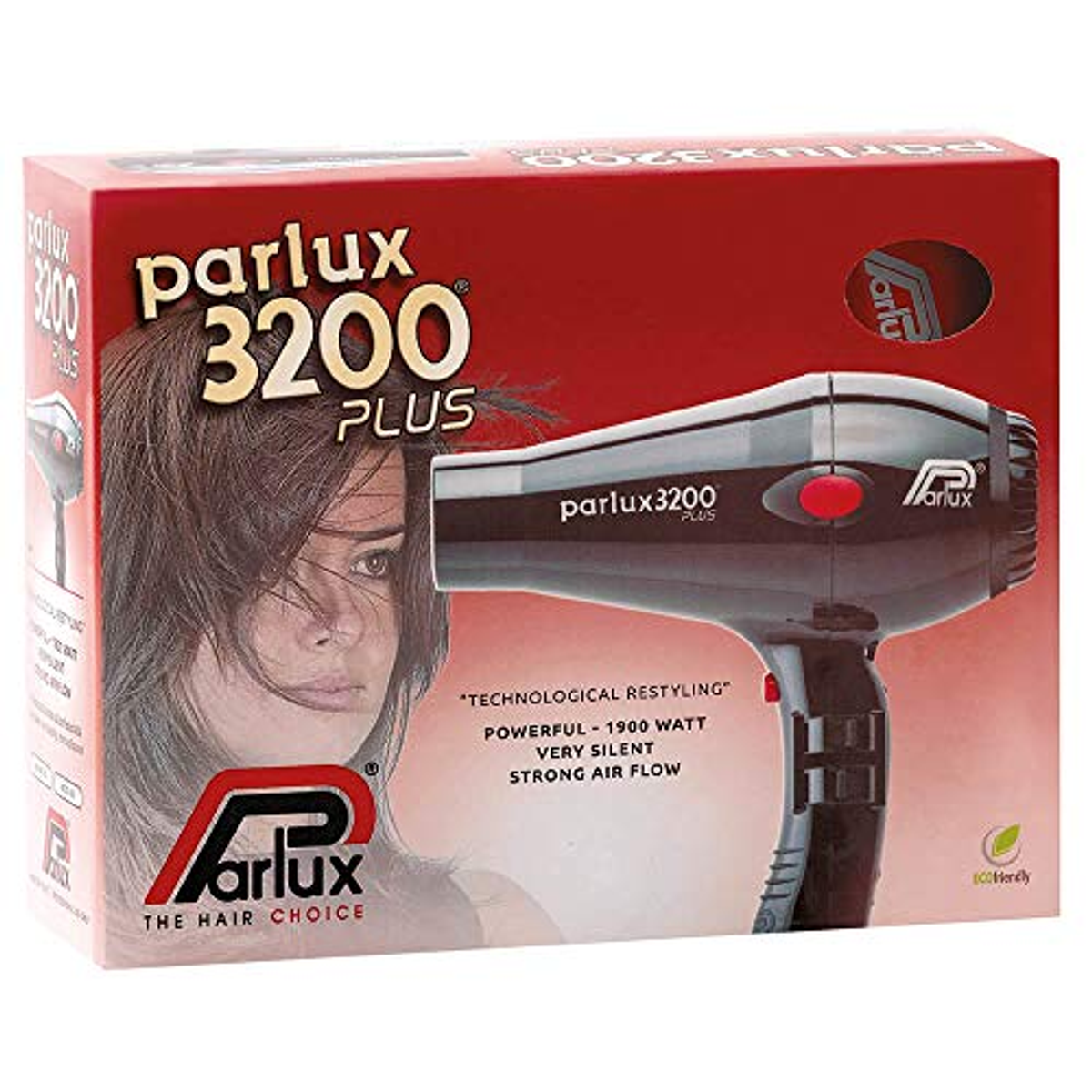 Scatola dell'asciugacapelli Parlux 3200 Plus. Viso di donna visibile.