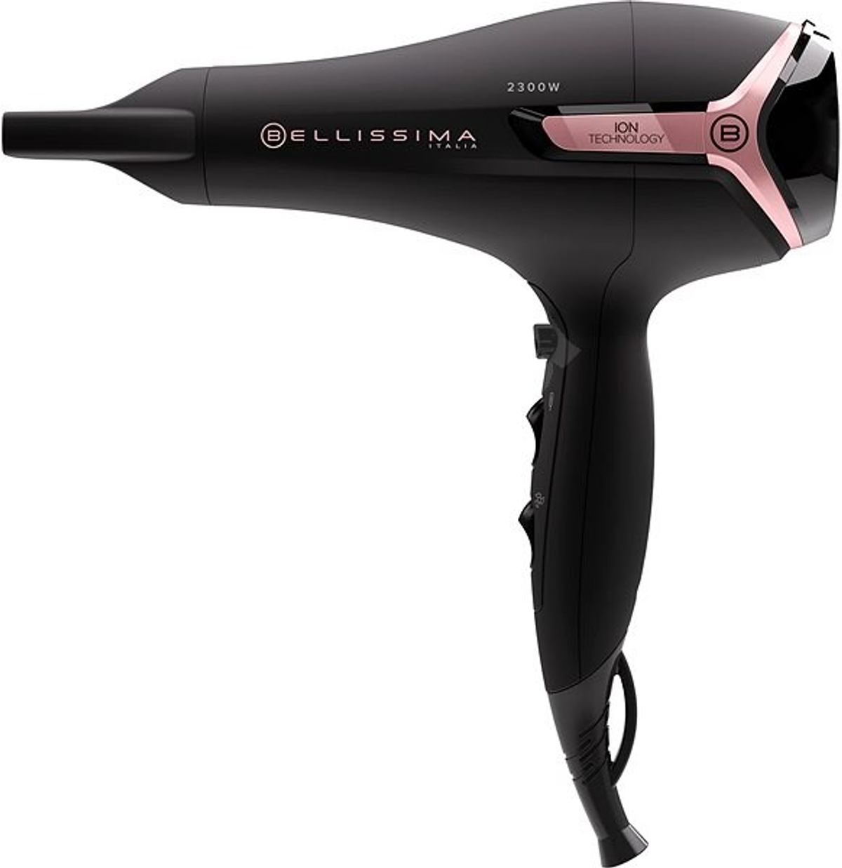 Asciugacapelli nero e oro rosa con pulsanti e cavo, isolato su sfondo bianco.