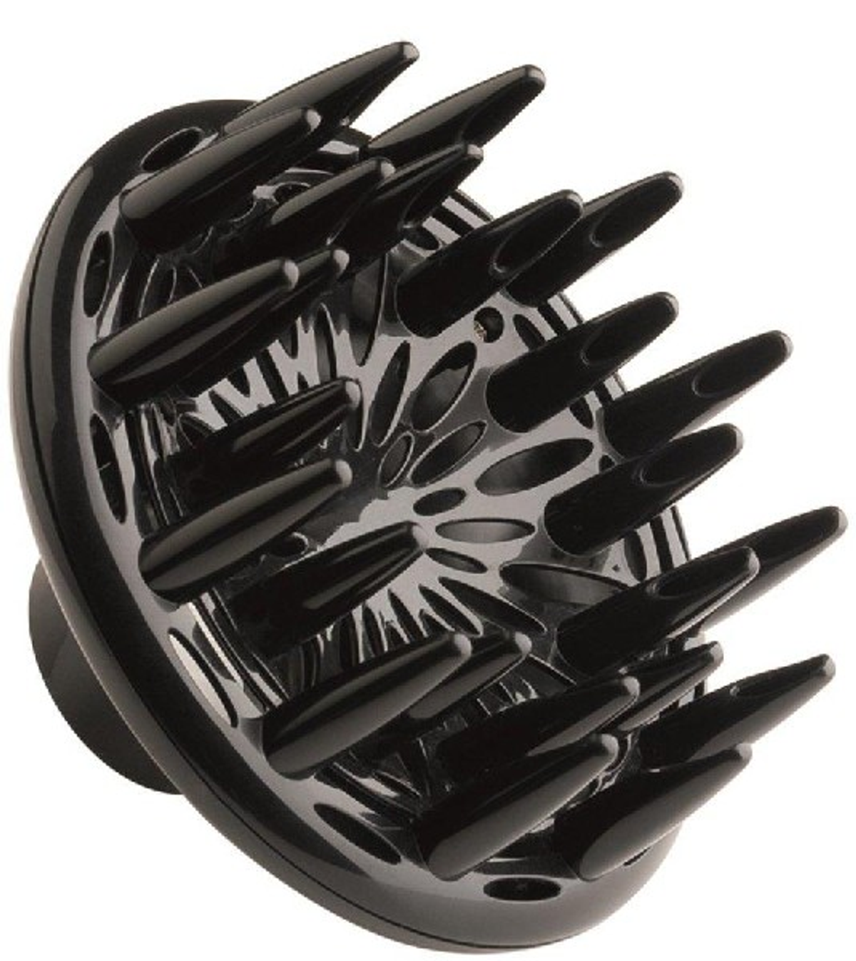 Diffusore per asciugacapelli nero con multiple punte nere.