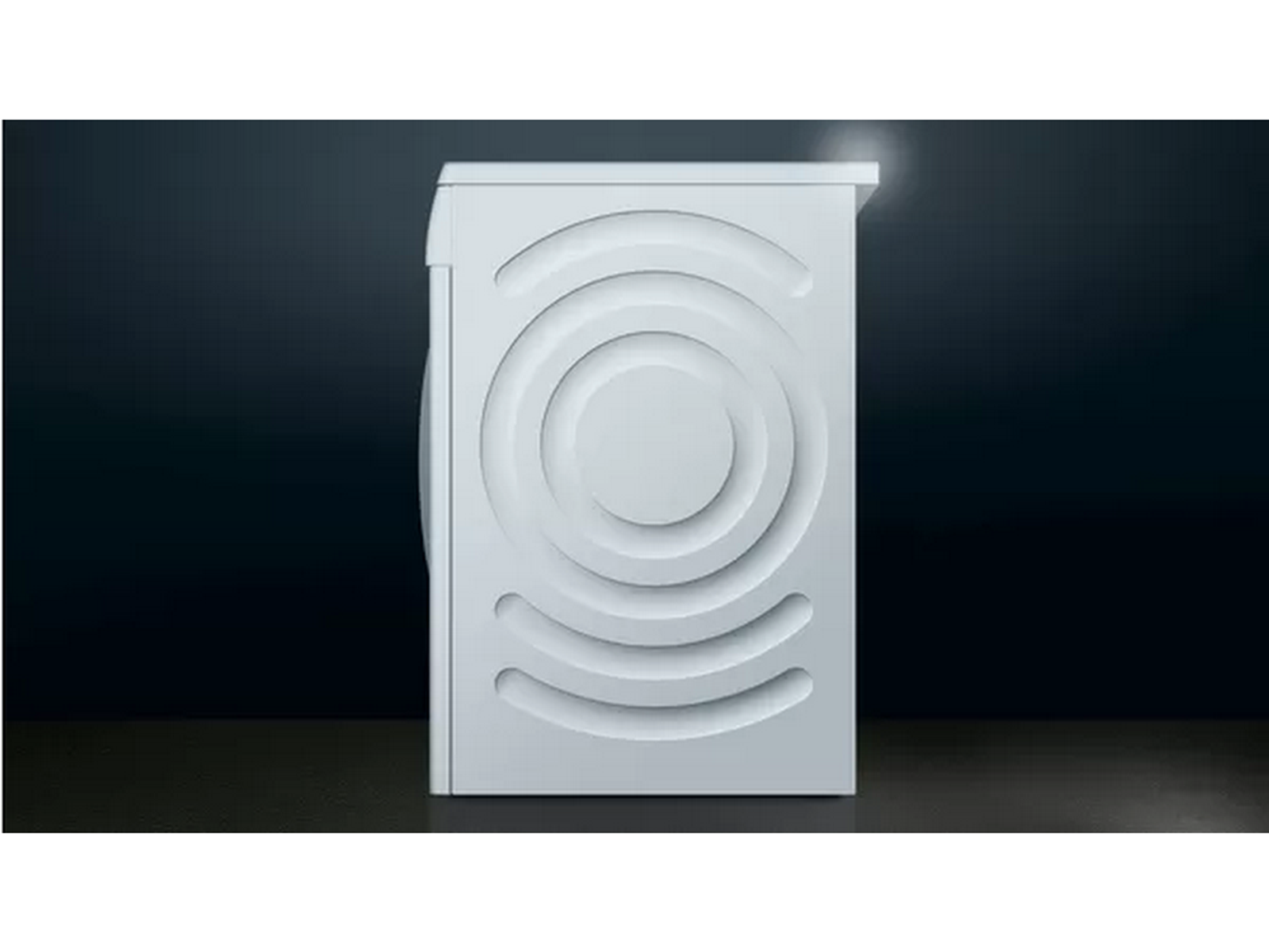 Seitenansicht einer weißen Waschmaschine mit kreisförmigem Design auf der Rückseite.