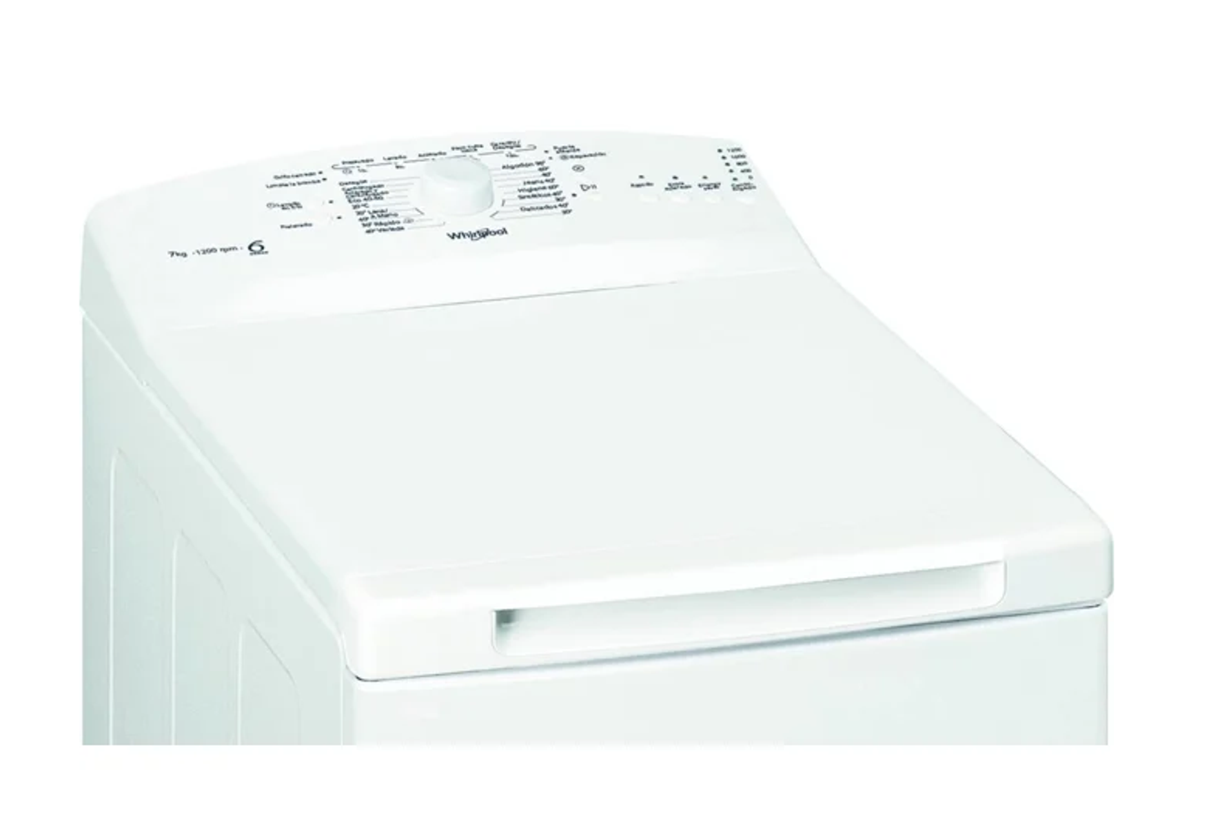 Una lavadora Whirlpool blanca, de carga superior, con panel de control.