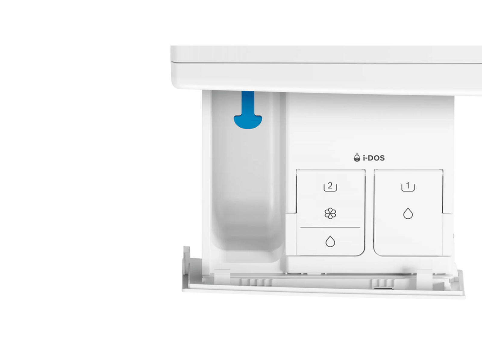 Cajón de detergente de lavadora blanco, con líquido azul y etiquetas i-DOS.