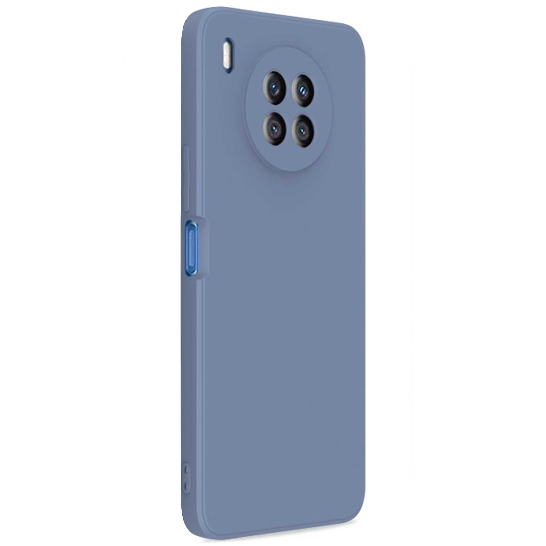 Blaue Handyhülle mit vier Rückkameras und einer Seitentaste.