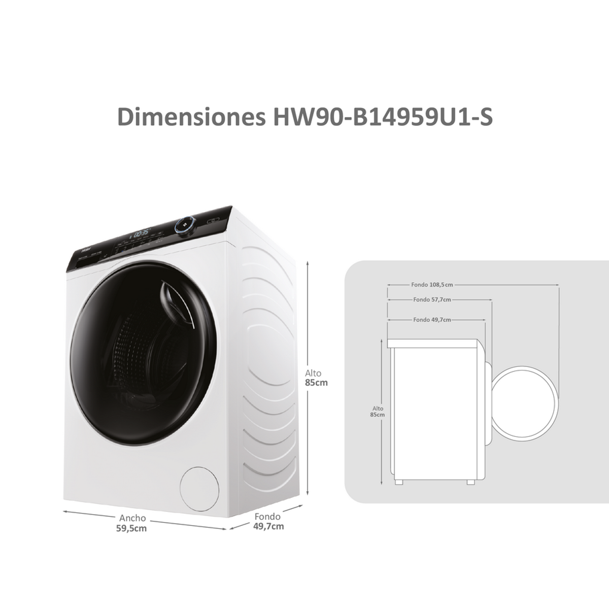 Dibujo dimensional de una lavadora blanca. Las dimensiones están etiquetadas.