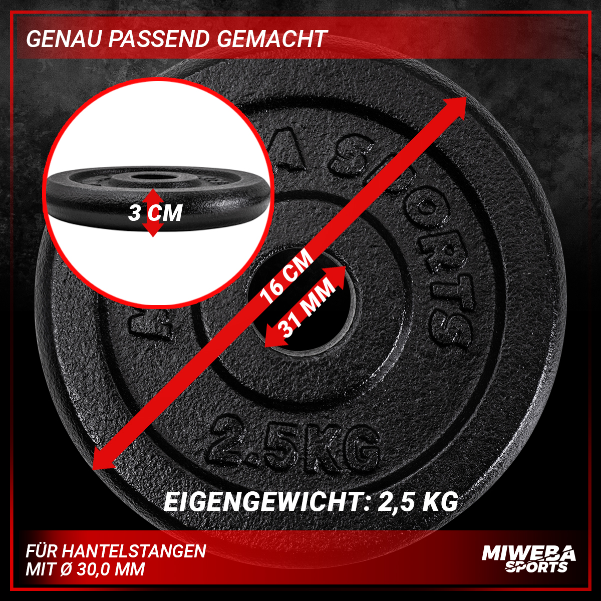 Schwarze Hantelscheibe mit Details zu Gewicht und Größe.