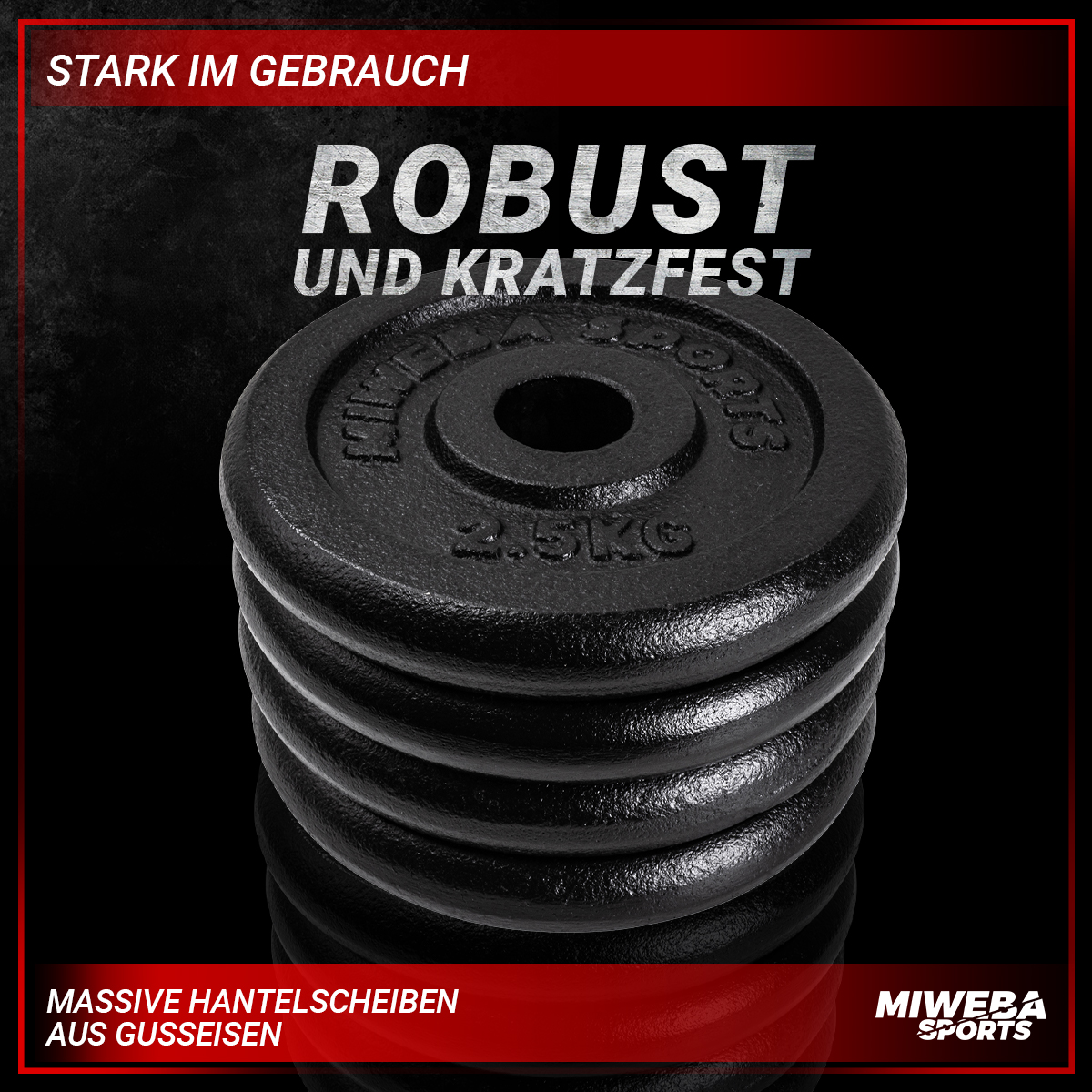 Geschichtete schwarze Hantelscheiben. Der Text auf dem Bild lautet "Robust" und "Massive Hantelscheiben".