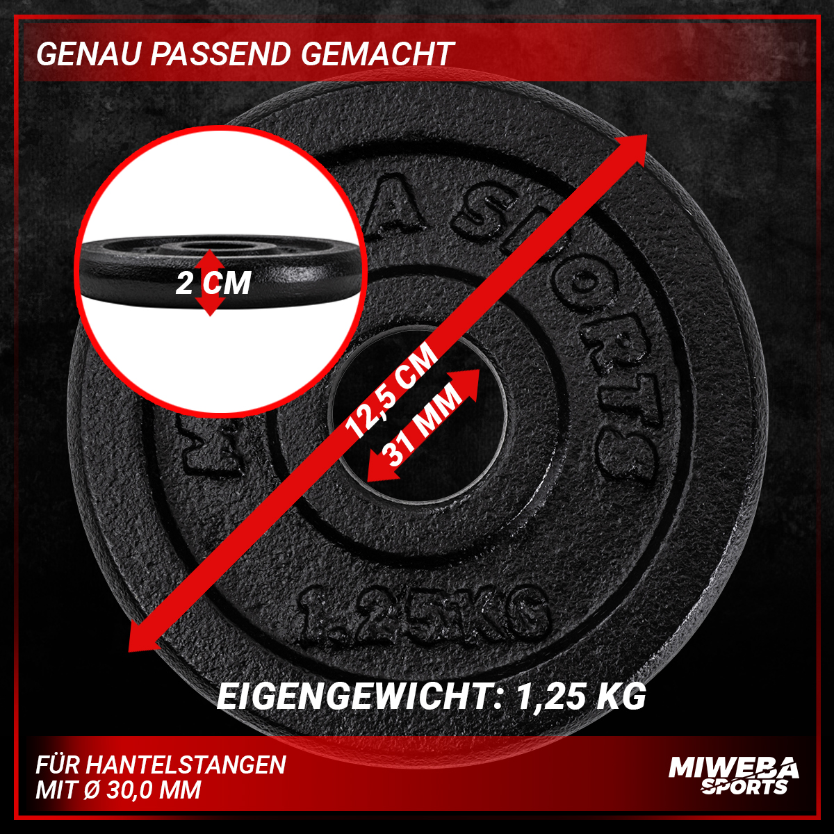 Schwarze Hantelscheibe mit Maßen und Gewichtsangaben.