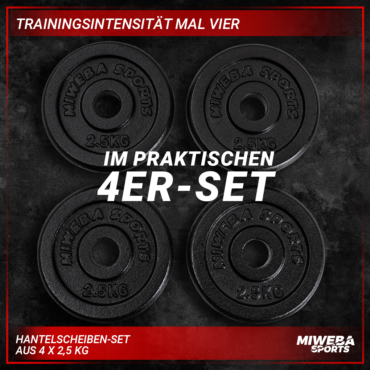 Vier schwarze Hantelscheiben mit weißem Text 'MIWEBA SPORTS' und Gewichtsangabe.