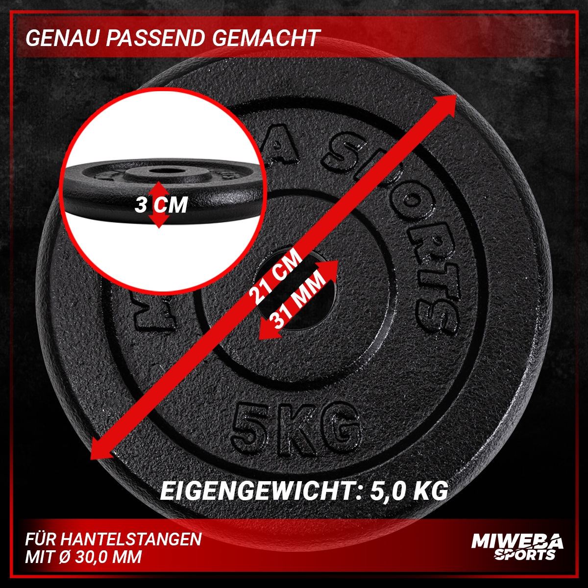Schwarze Hantelscheibe mit Text und Abmessungen. Abmessungen sind 21 cm x 31 mm, Gewicht 5 kg.
