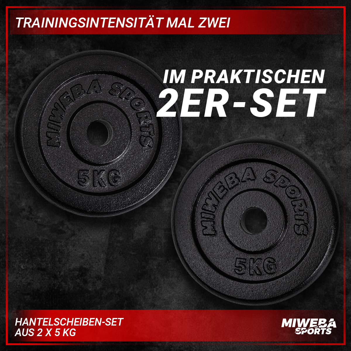 Zwei schwarze Hantelscheiben mit der Aufschrift 'MIWEBA SPORTS' und '5KG' auf rotem Hintergrund.
