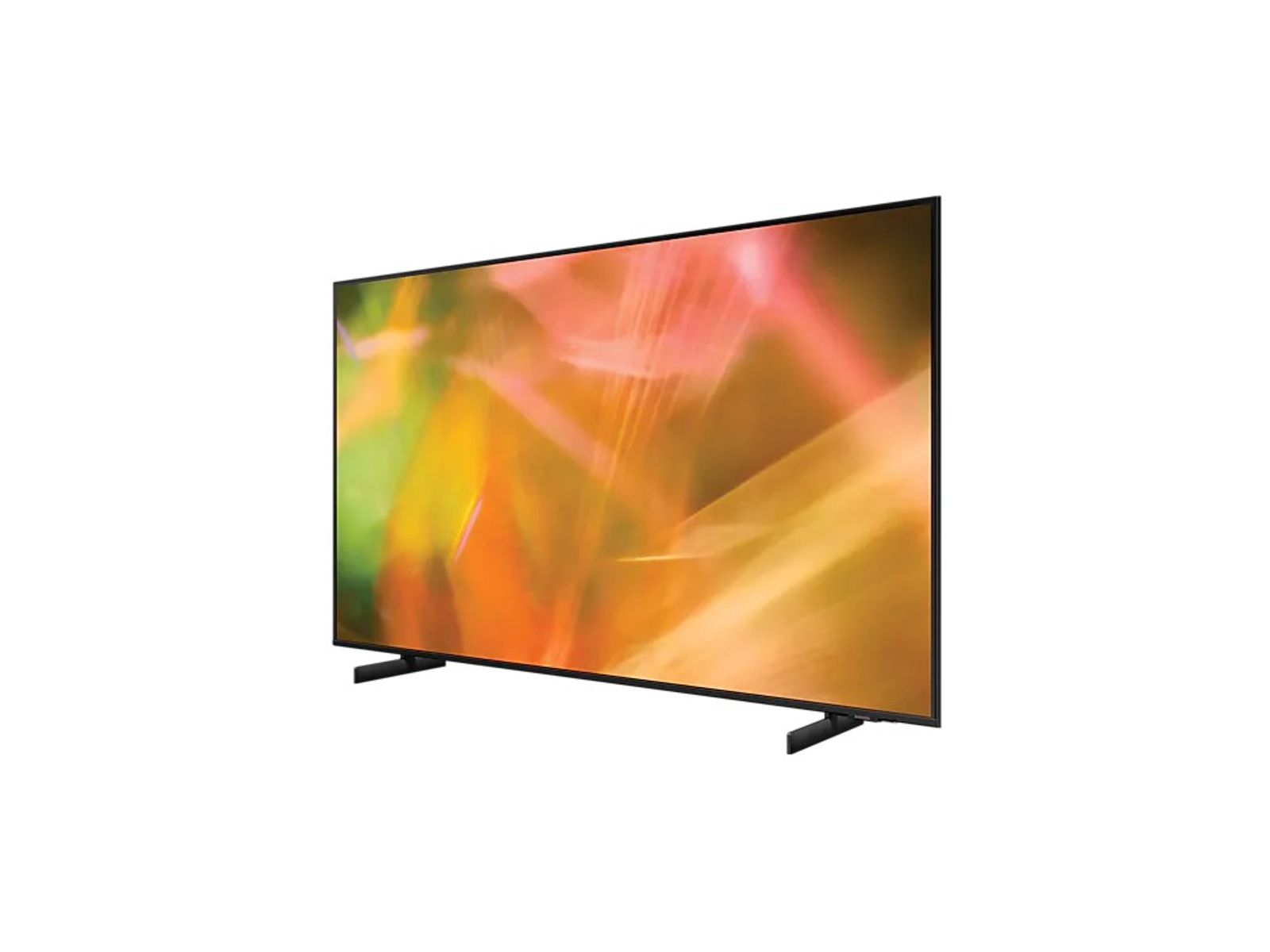 Widok pod kątem telewizora z płaskim ekranem i czarną ramką, pokazujący kolorowy wyświetlacz.