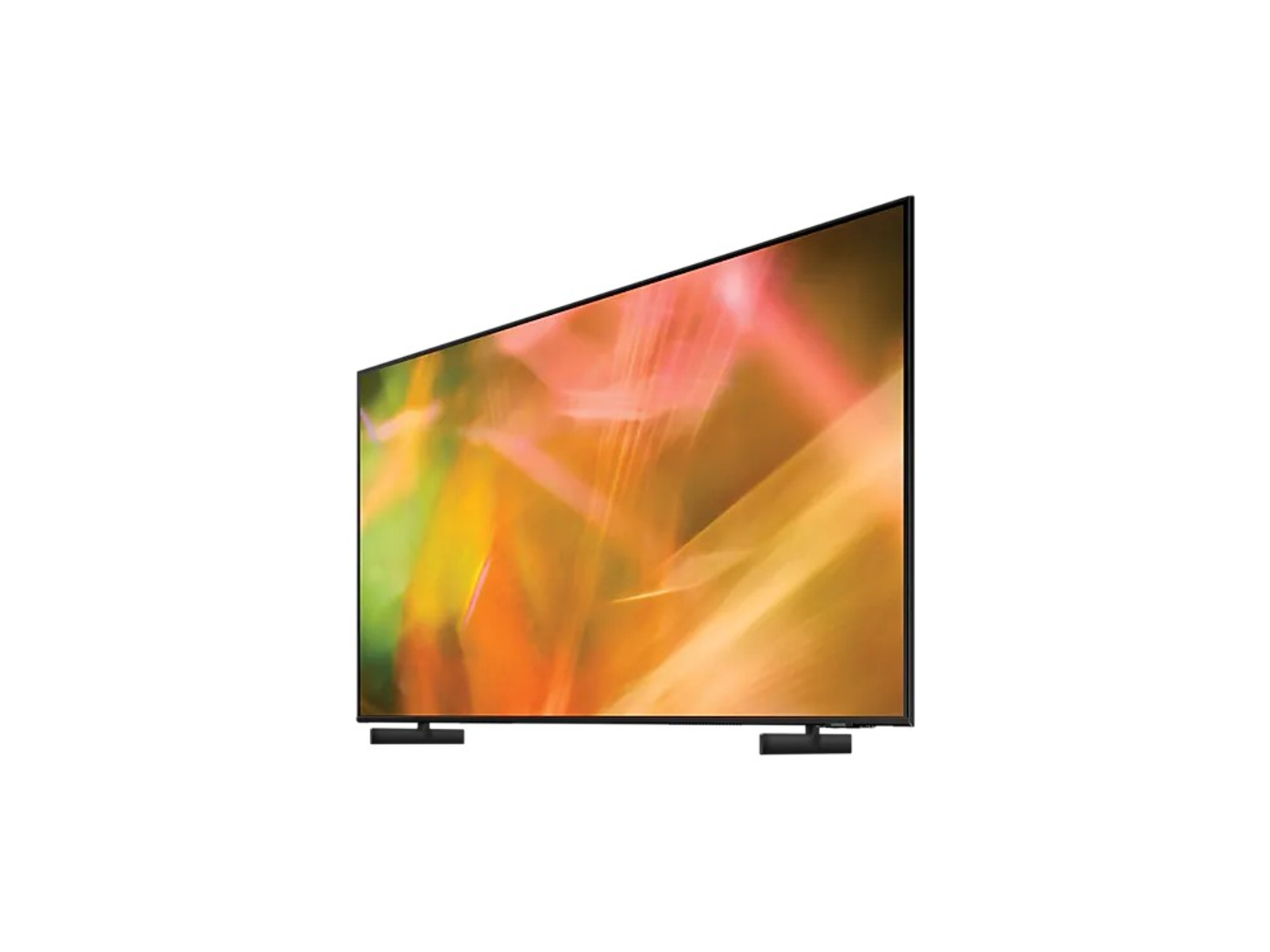 Czarny telewizor z kolorowym ekranem, czarne nóżki, widok pod kątem, złote odcienie.