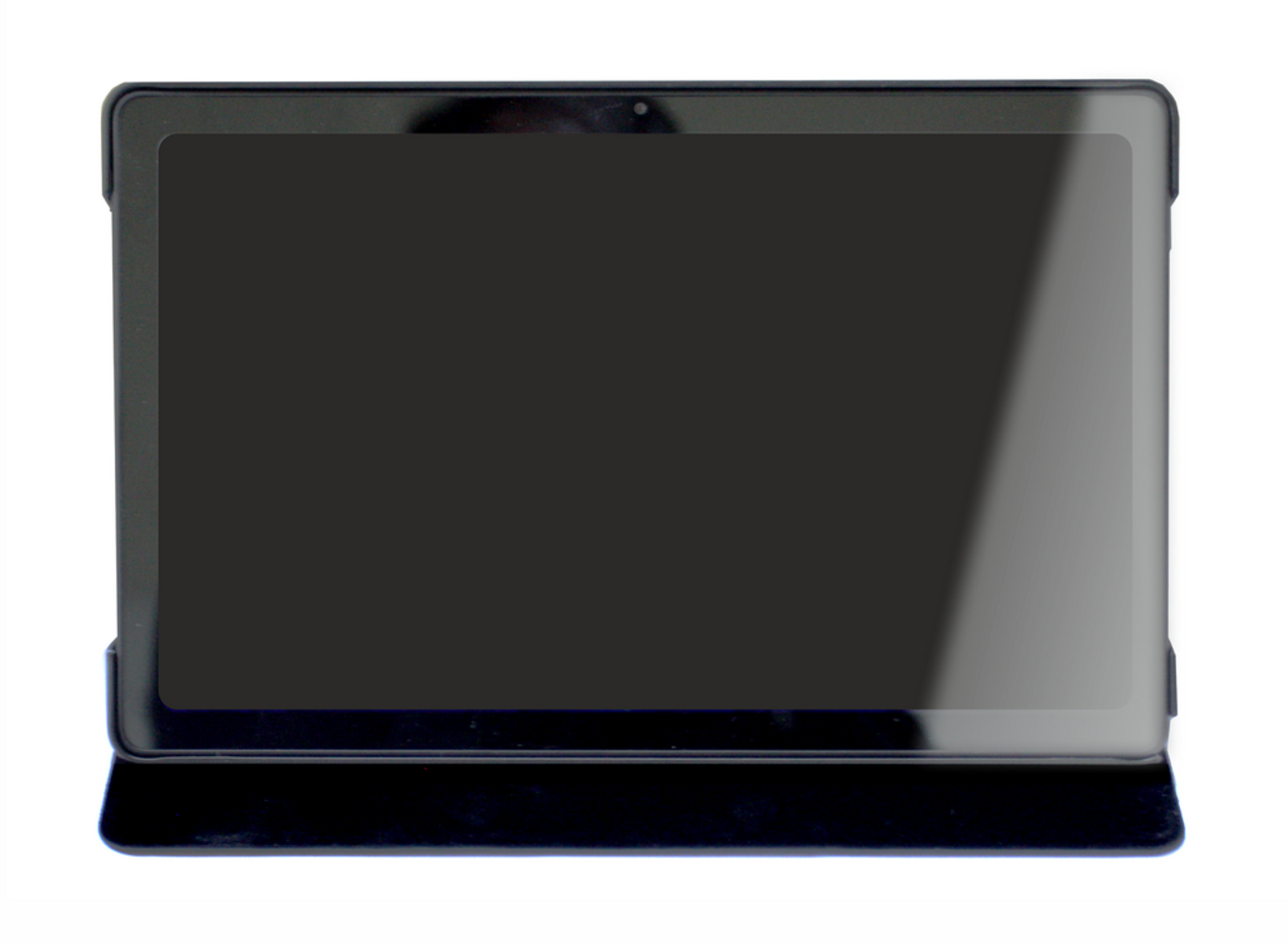 Funda de tableta, cerrada. De color gris oscuro con solapa.