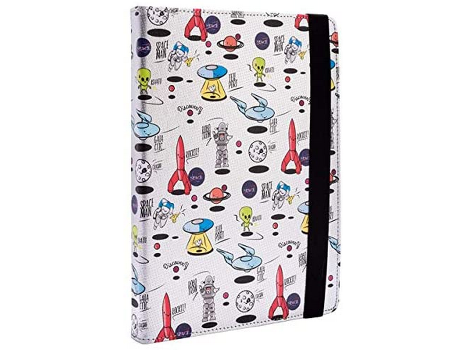 Cubierta de cuaderno con tema espacial, cohetes, alienígenas y planetas, fondo blanco.