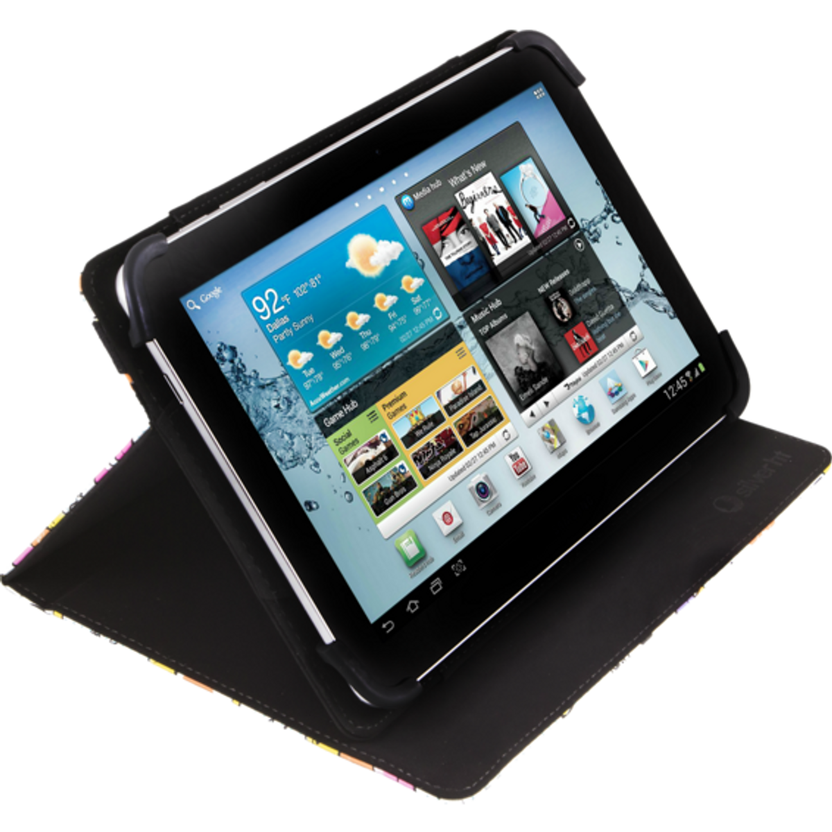 Tableta negra en una funda. Pantalla muestra una app del tiempo y otros iconos.