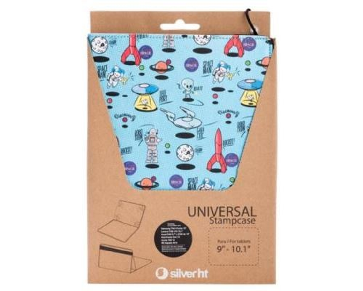 Una funda azul para tablet con diseño espacial. La funda se muestra dentro de un embalaje de cartón.
