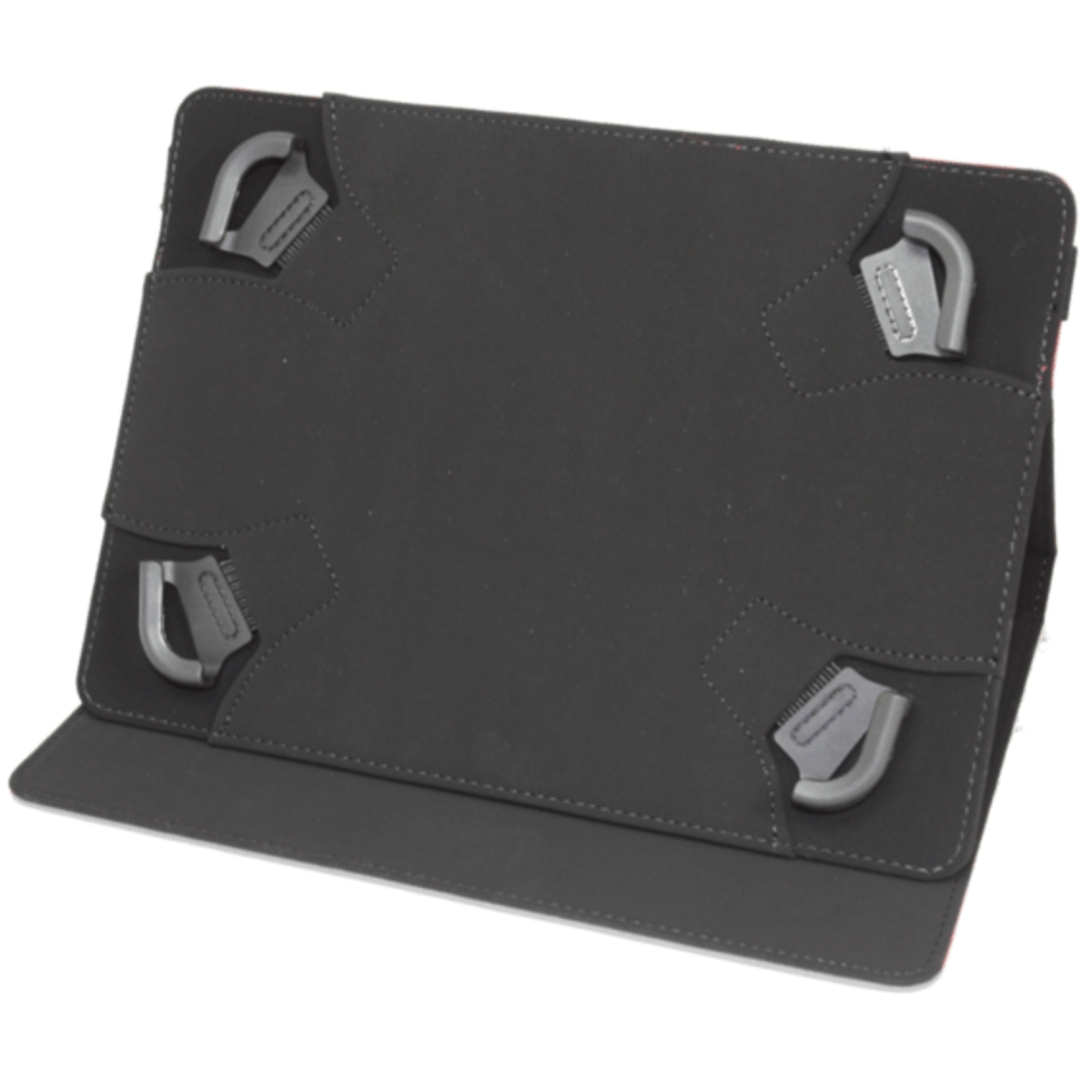 Una funda para tableta, negra con detalles grises. Cuatro cierres grises aseguran la tableta. Fondo blanco.
