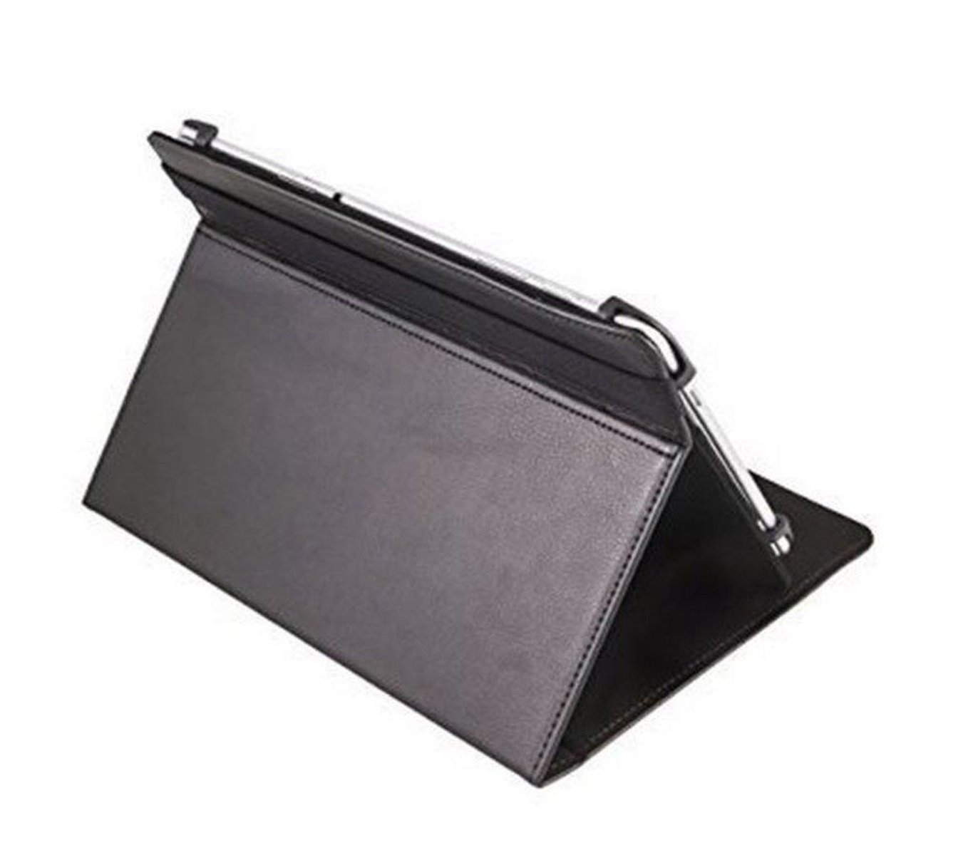 Funda de tableta gris, abierta, en ángulo. Interior negro, fondo blanco.