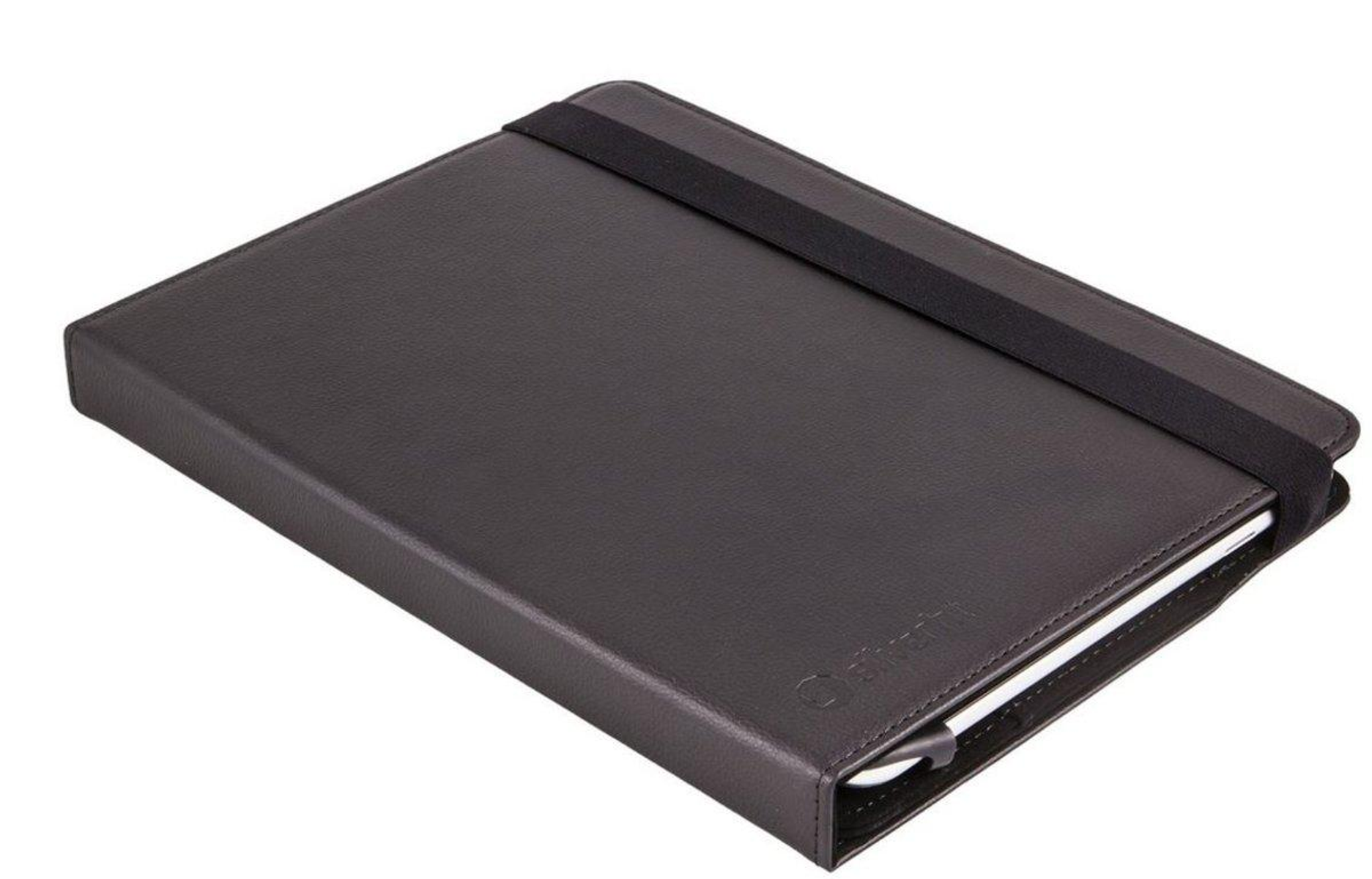 Una funda de tableta marrón cerrada con una banda elástica negra en la parte superior.