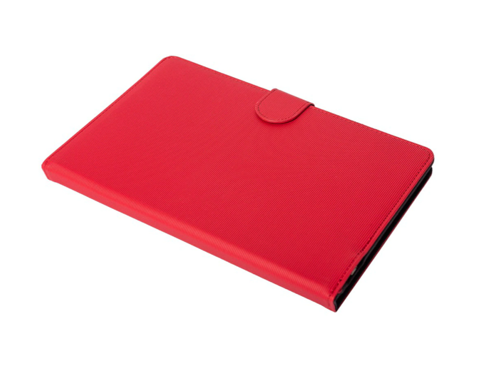 Funda de tableta roja con cubierta y cierre, sobre fondo blanco.