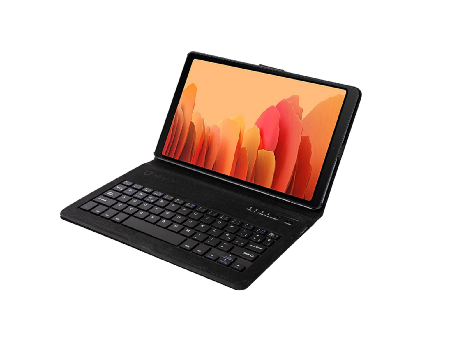 Una tableta negra con funda de teclado, mostrando una pantalla colorida.