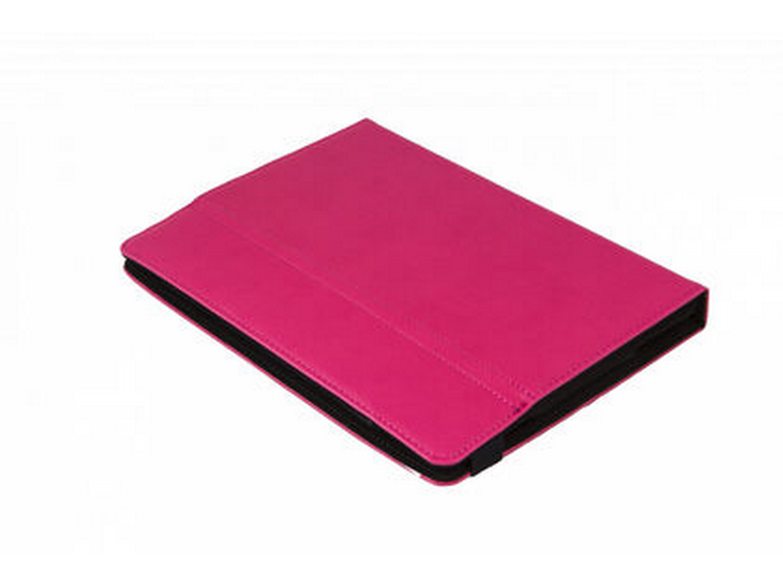 Funda rosa para tableta, borde negro, fondo blanco.
