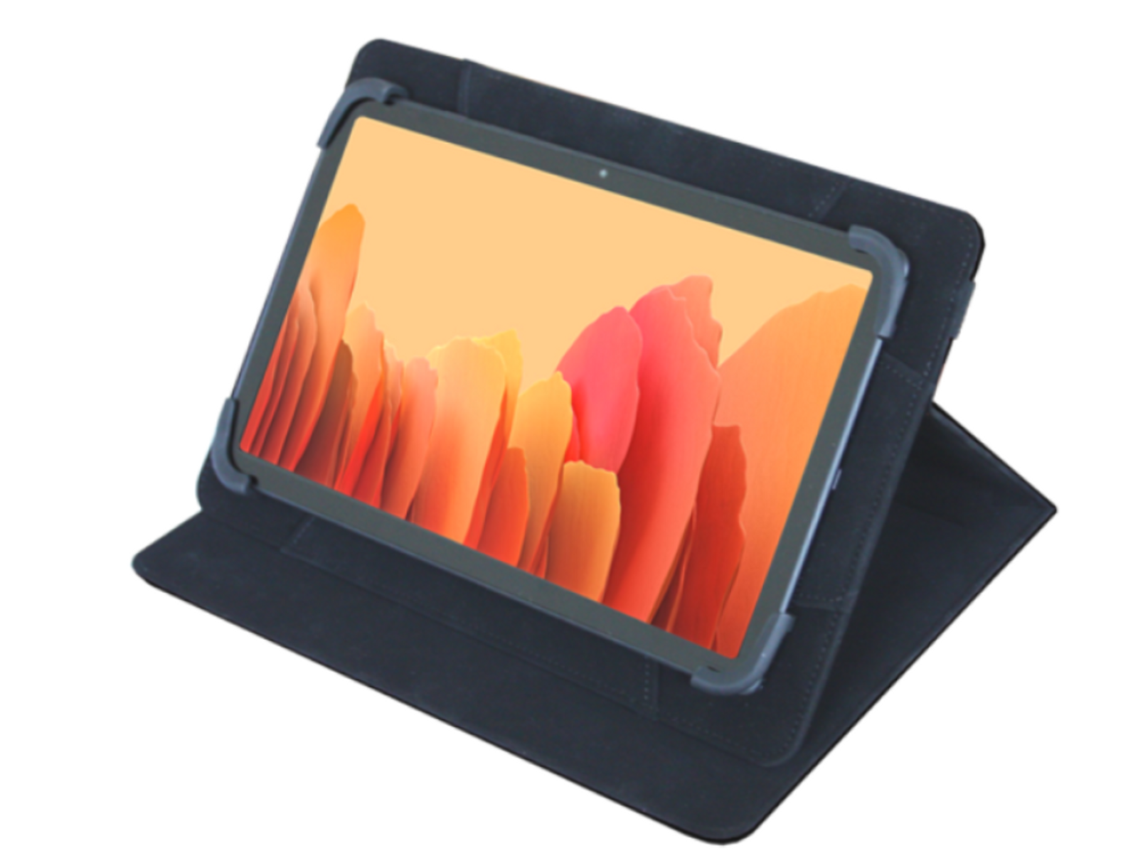 Tableta en una funda gris oscuro, en ángulo. Fondo abstracto naranja y rojo en la pantalla.