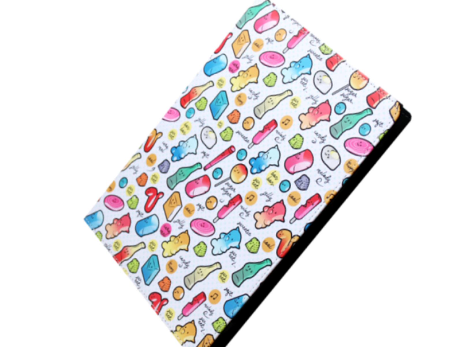 Funda de tableta blanca con un patrón de caramelos de colores, sobre una superficie negra.