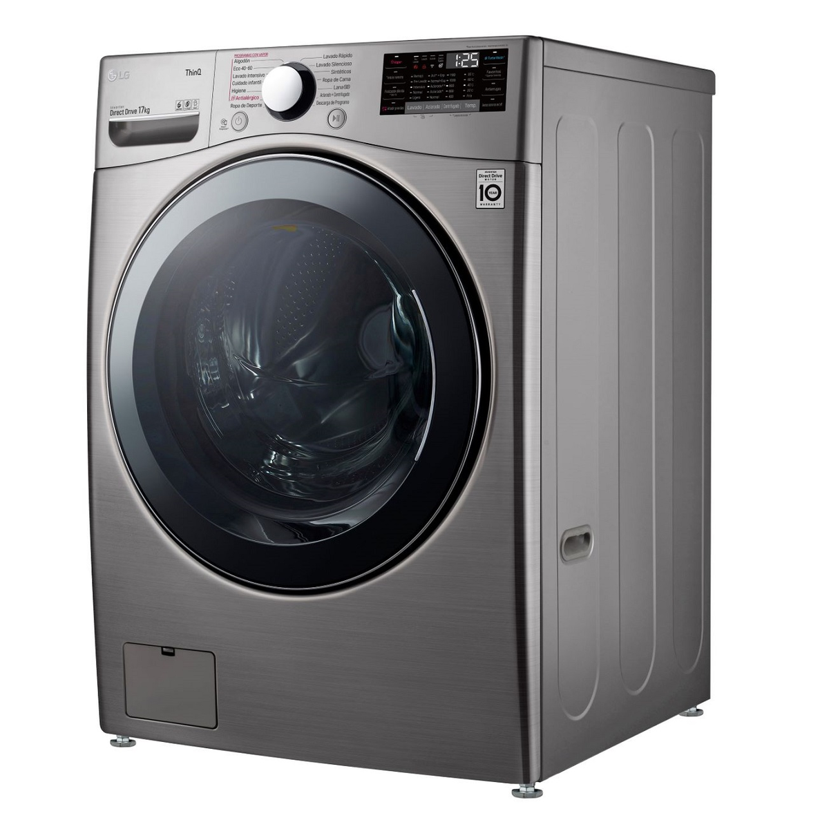 Lavatrice LG in acciaio inox con grande porta a vetro rotonda.