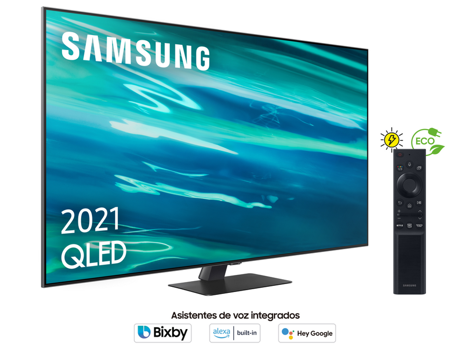 Czarny telewizor z pilotem. Ekran pokazuje niebieski obraz.