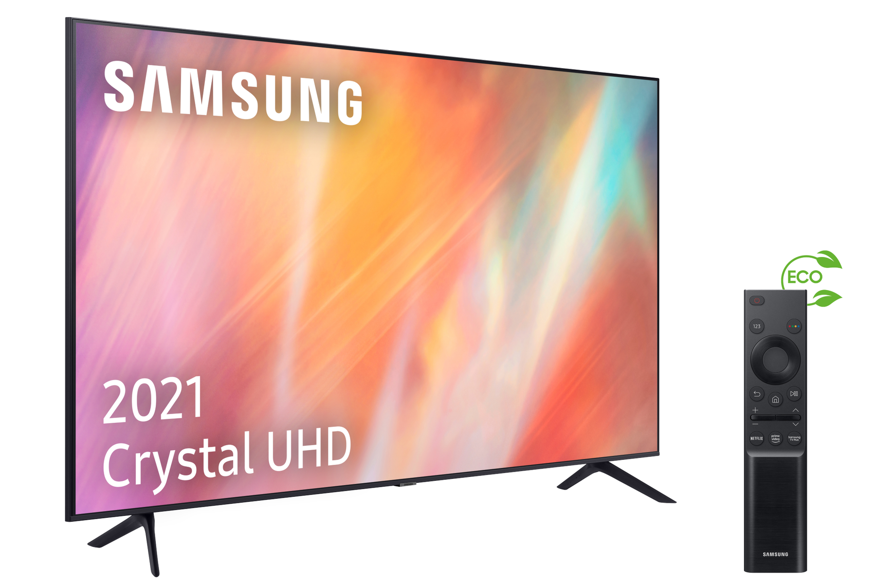 Telewizor Samsung 2021 Crystal UHD. Czarna ramka. Pilot z etykietą ECO. Widok z boku.