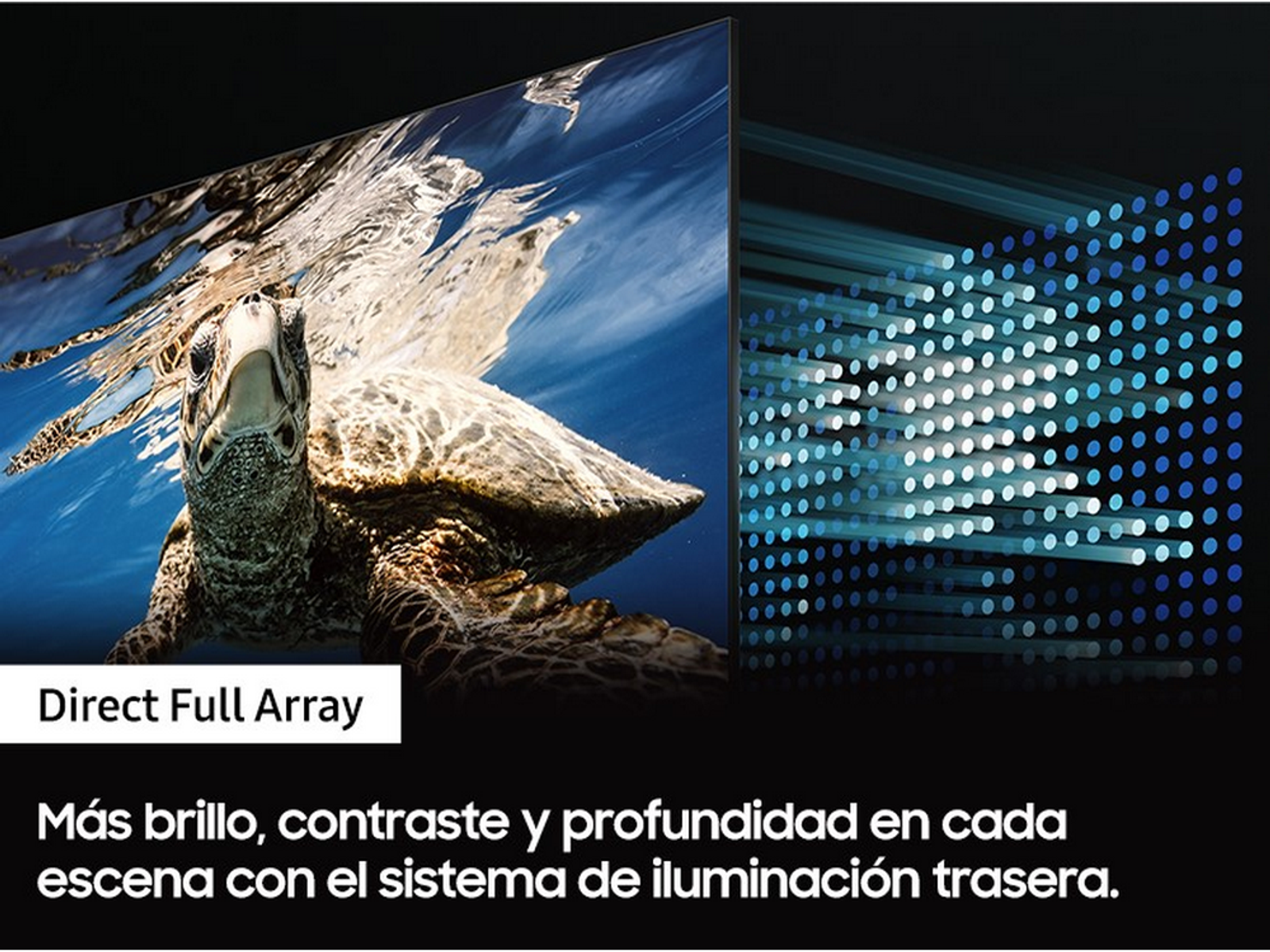 Żółw pływa w wodzie na ekranie TV, z niebieskimi promieniami światła. Tekst: Direct Full Array.