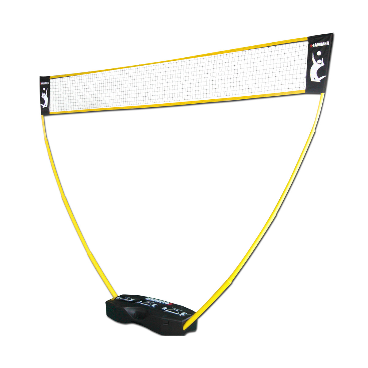 Badminton-Netz-Set, gelbe Stangen und Basis. Schwarz-weißes Hammer-Branding. Isoliert auf Weiß.