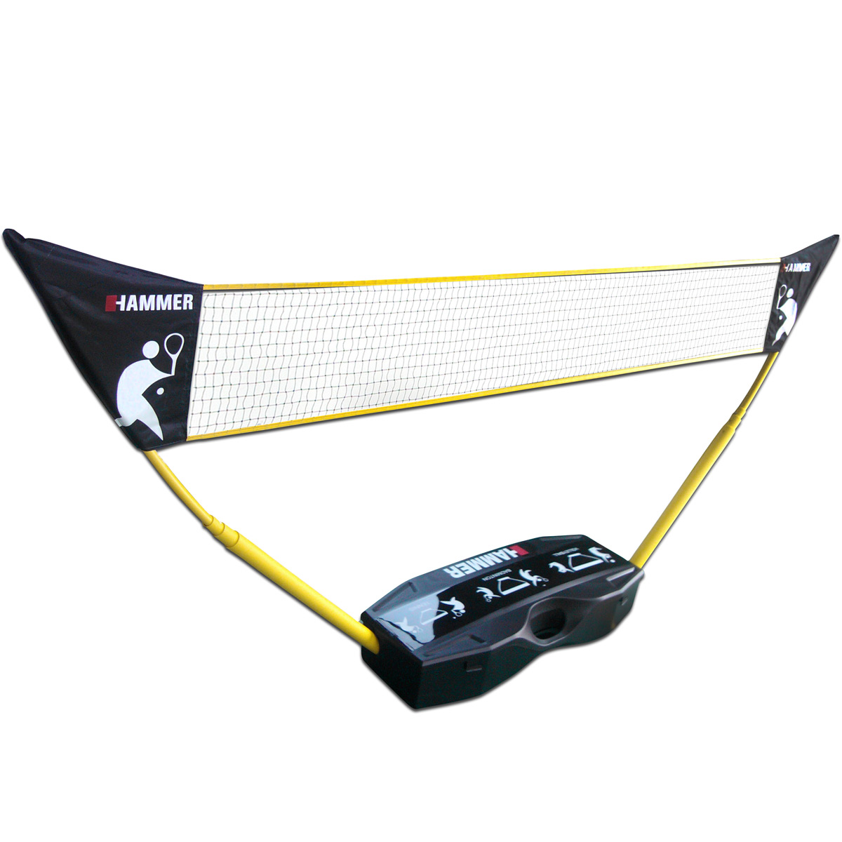 Badmintonnetz aufgebaut. Schwarzer Stoff, gelbe Stangen, weißes Netz, auf weißem Hintergrund.