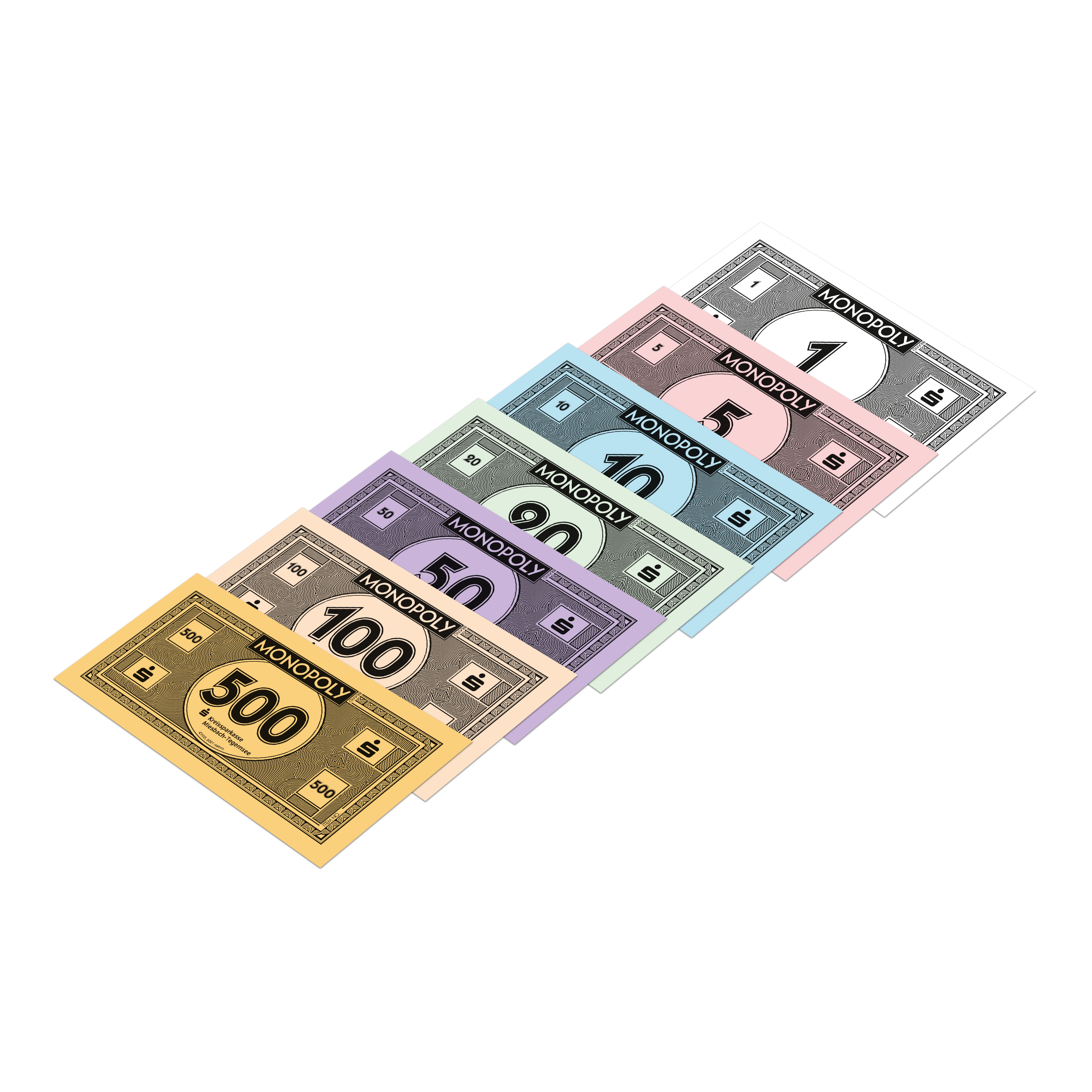 Monopoly-Geld verschiedener Nennwerte, auf weißem Hintergrund aufgefächert.