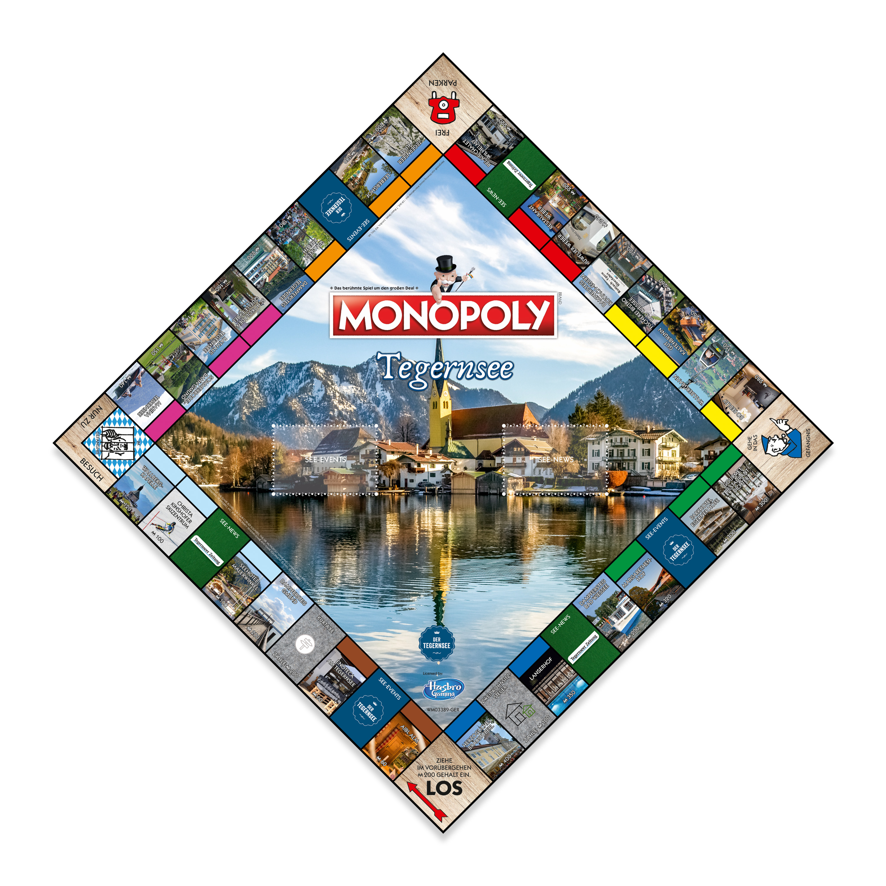 Monopoly-Brettspiel, rautenförmig, mit einer Seestadt-Szene.
