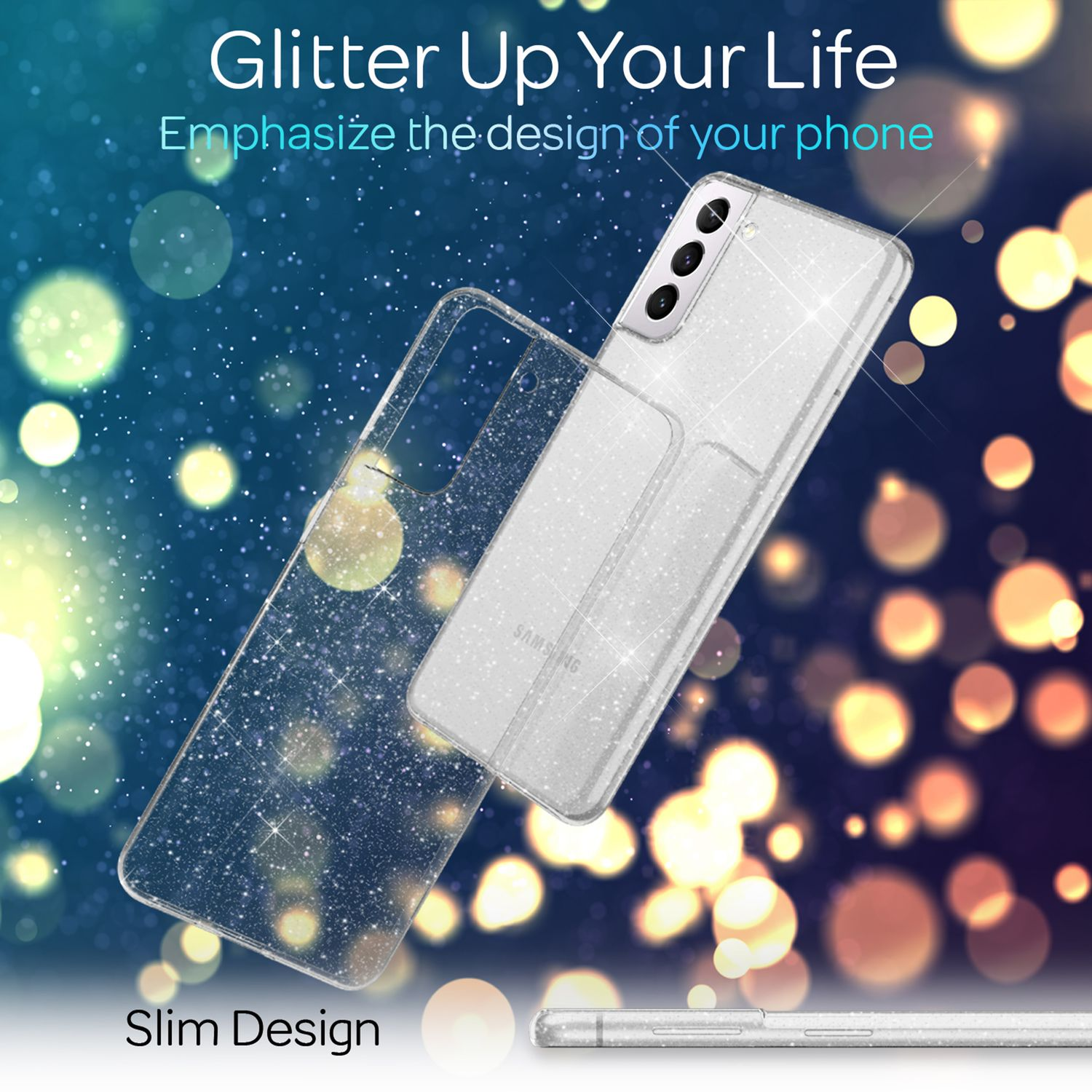 Transparente Handyhülle über einem Telefon mit Glitzer. Text: Glitter Up Your Life, Slim Design.