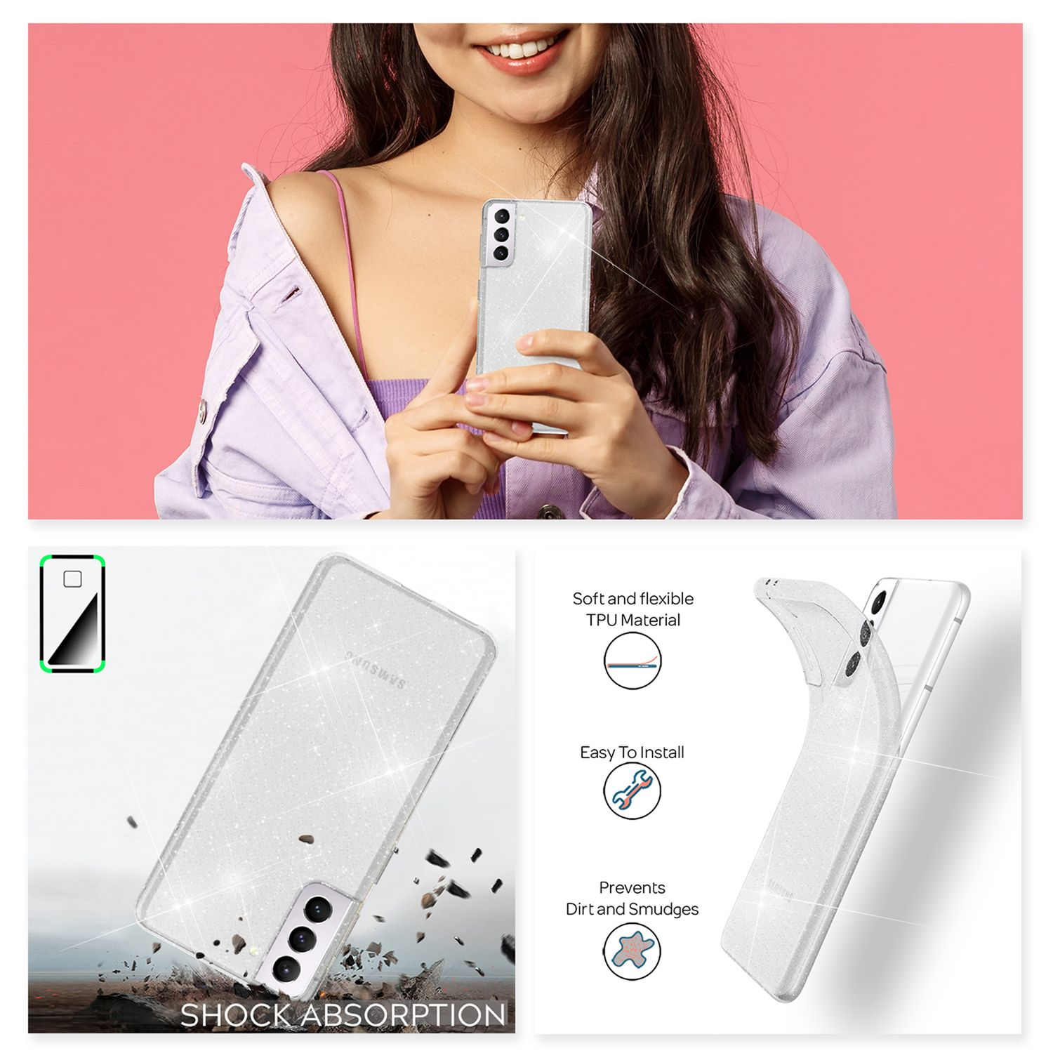 Eine Frau hält eine transparente Handyhülle über einem Telefon, mit Detailaufnahmen der Hülle, die Funktionen zeigen.