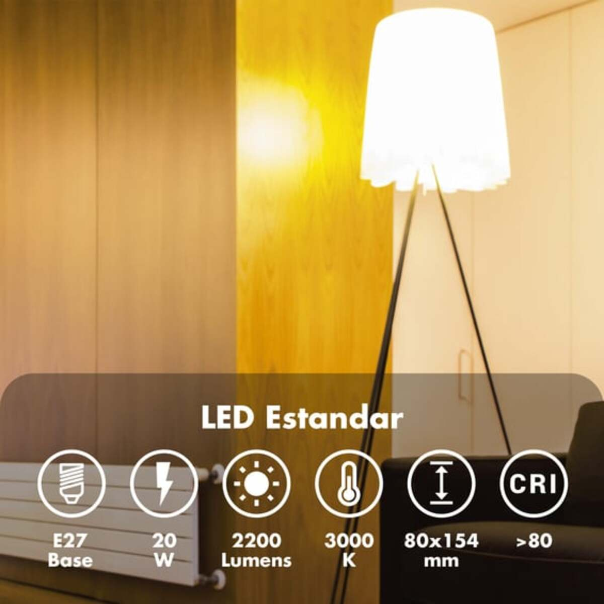 Lámpara LED con especificaciones: base E27, 20W, 2200 lúmenes, 3000K, 80x154 mm.