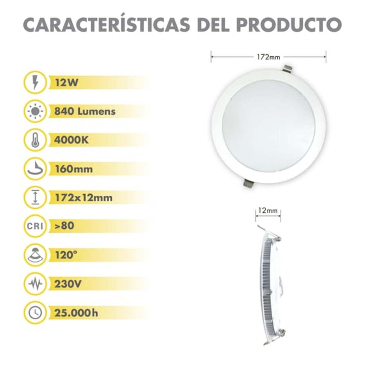 Diagrama de una lámpara de techo redonda con especificaciones técnicas: lúmenes, voltaje y dimensiones.
