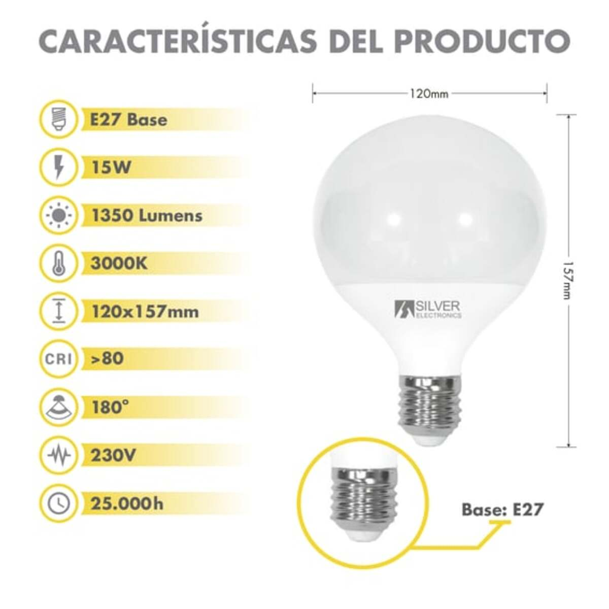 Una bombilla con especificaciones: base E27, 15W, 1350 lúmenes, 3000K, dimensiones, IRC y vida útil.