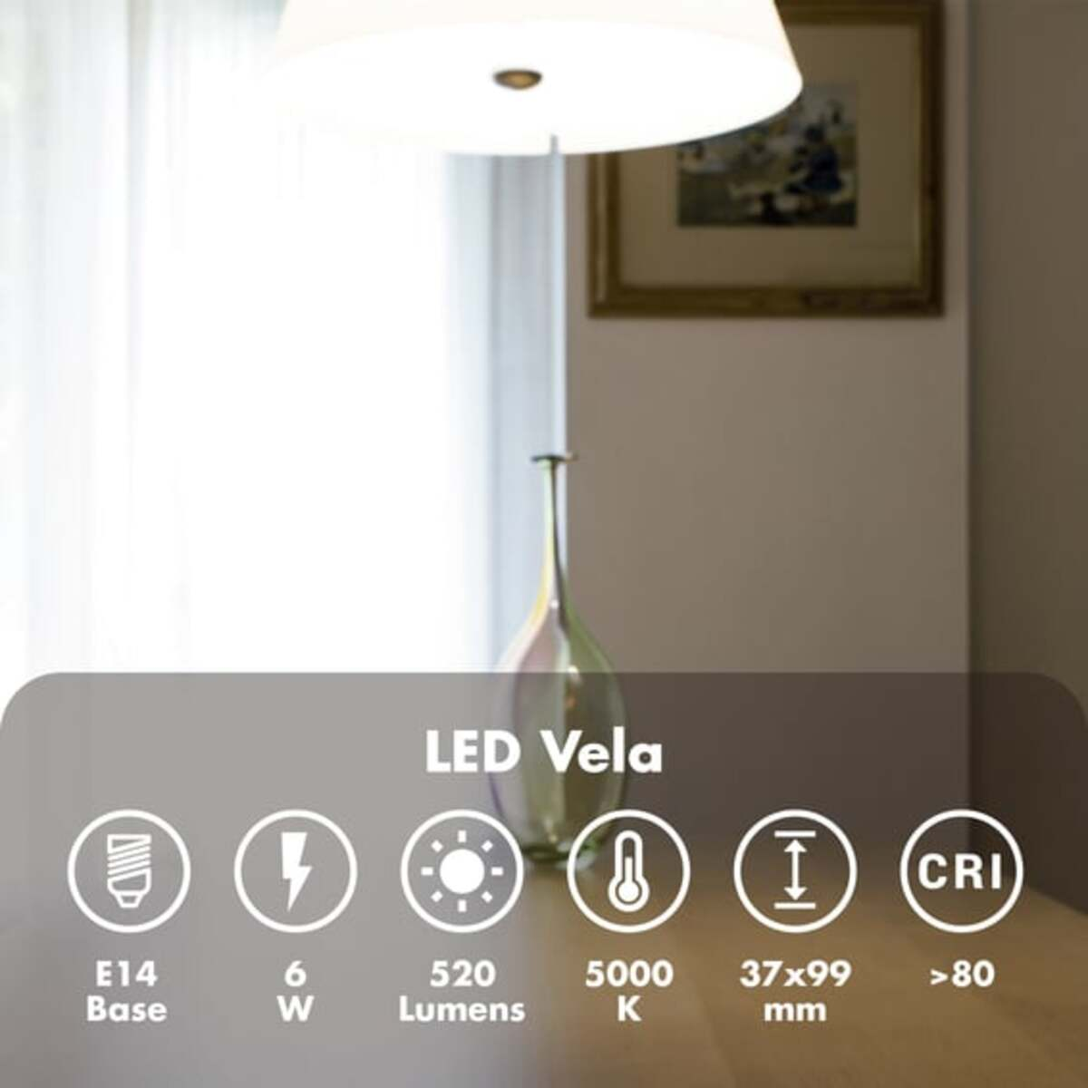 Una bombilla con información al respecto. Tiene la etiqueta LED Vela.