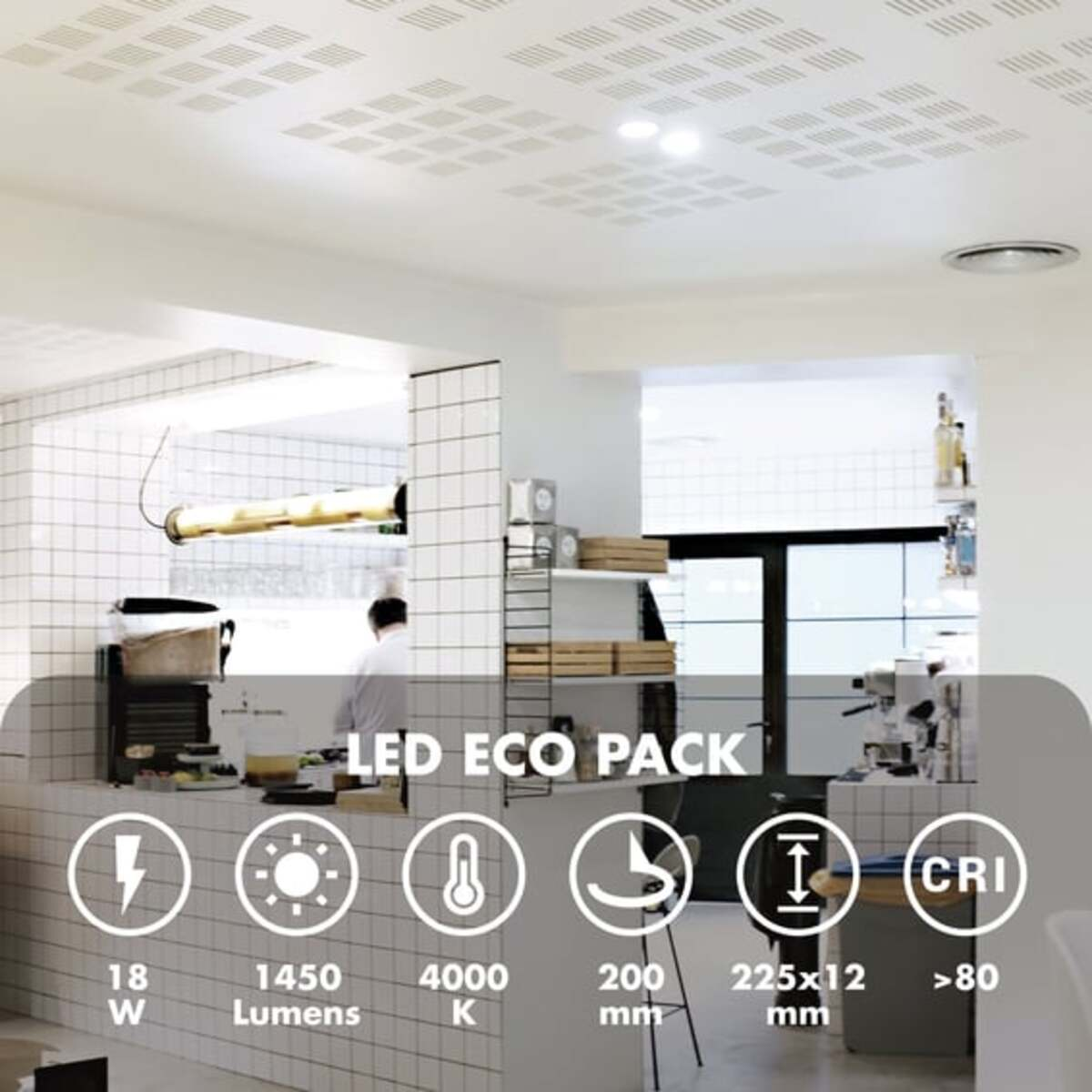 Toma interior de un café con información de iluminación LED, incluyendo potencia, lúmenes y temperatura de color.